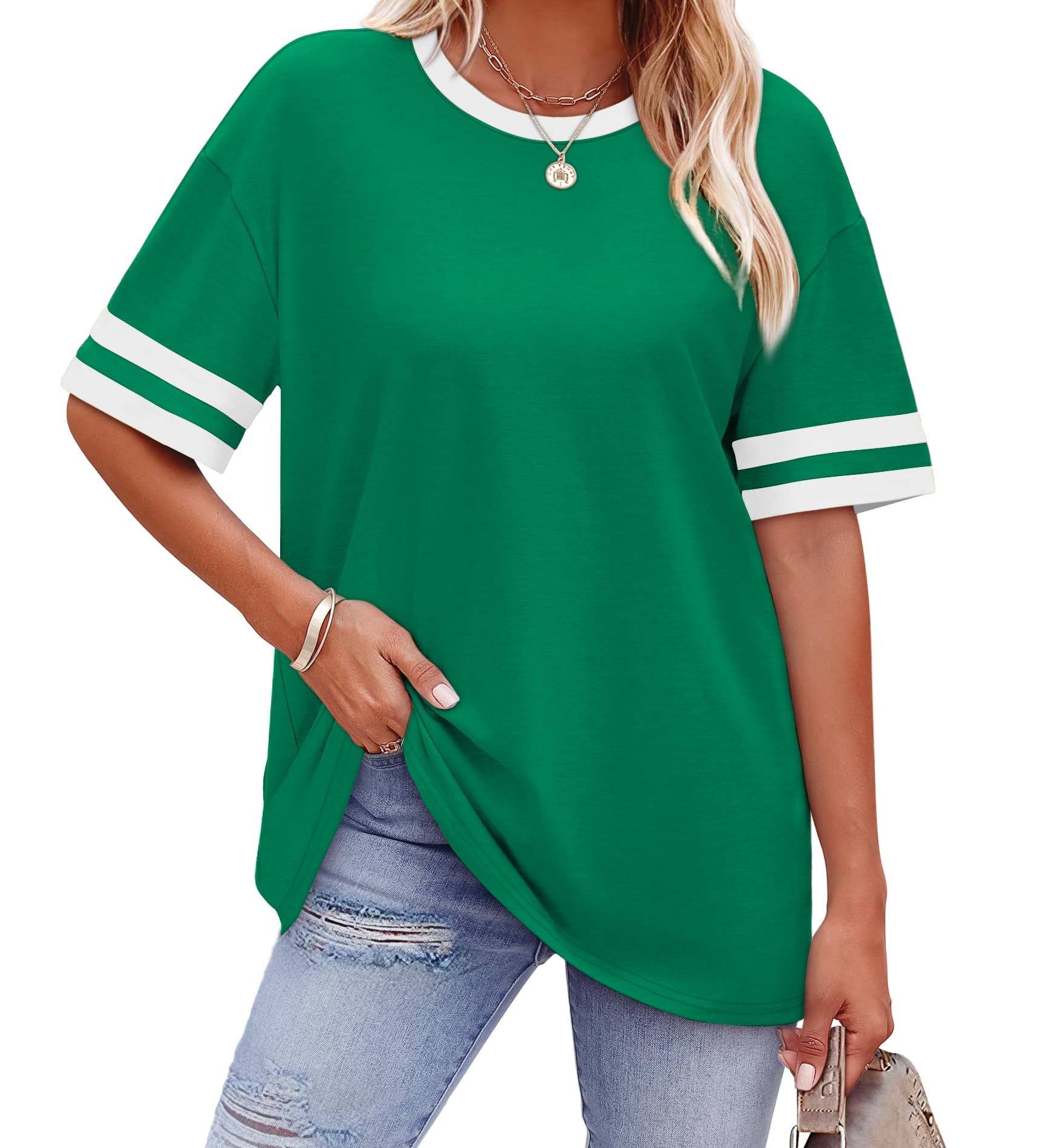 WIHOLL Womens T Shirts Loose Fit Short Sleeve Tees Crew Neck Color Block Summer Tops 2025 Fashion