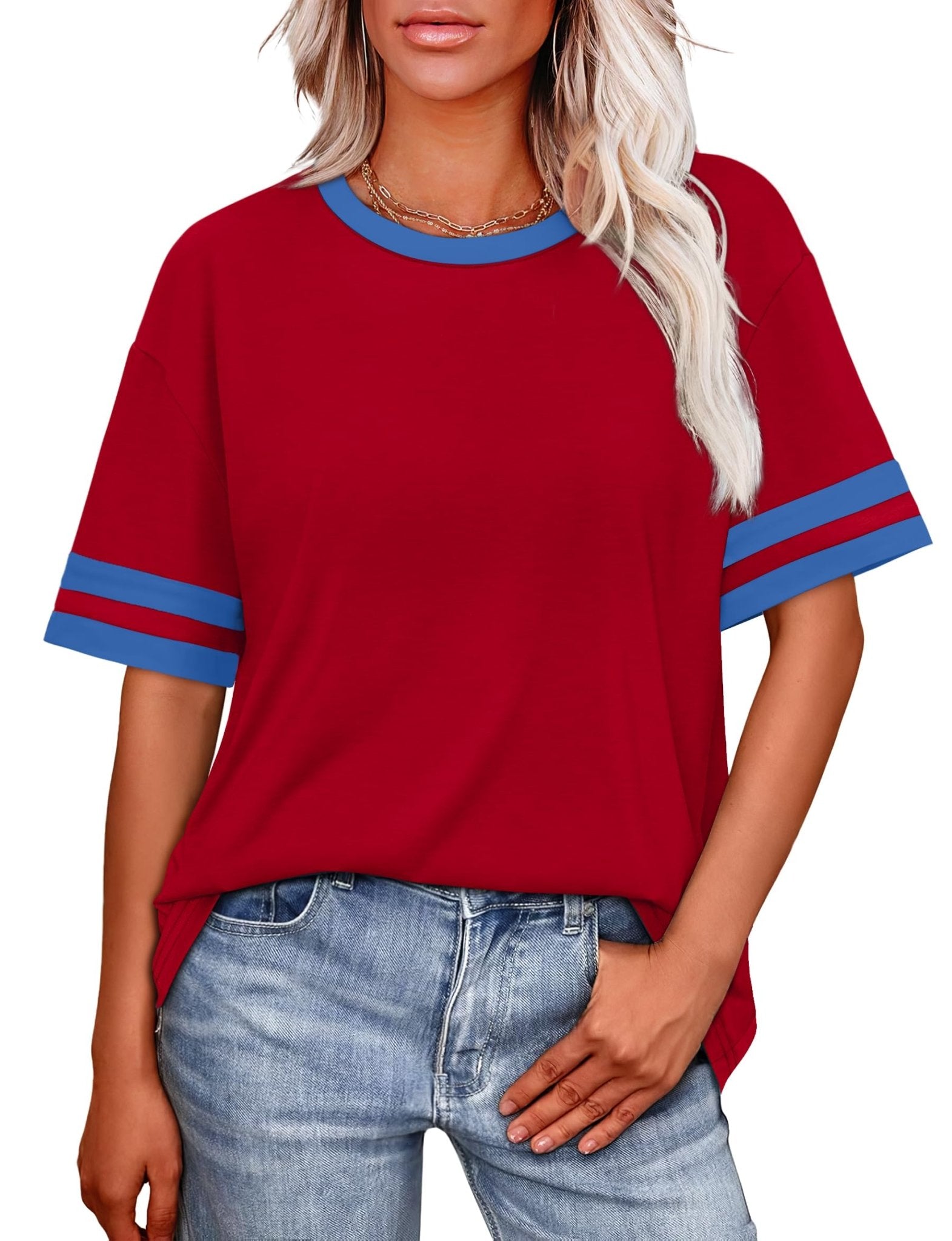 WIHOLL Womens T Shirts Loose Fit Short Sleeve Tees Crew Neck Color Block Summer Tops 2025 Fashion