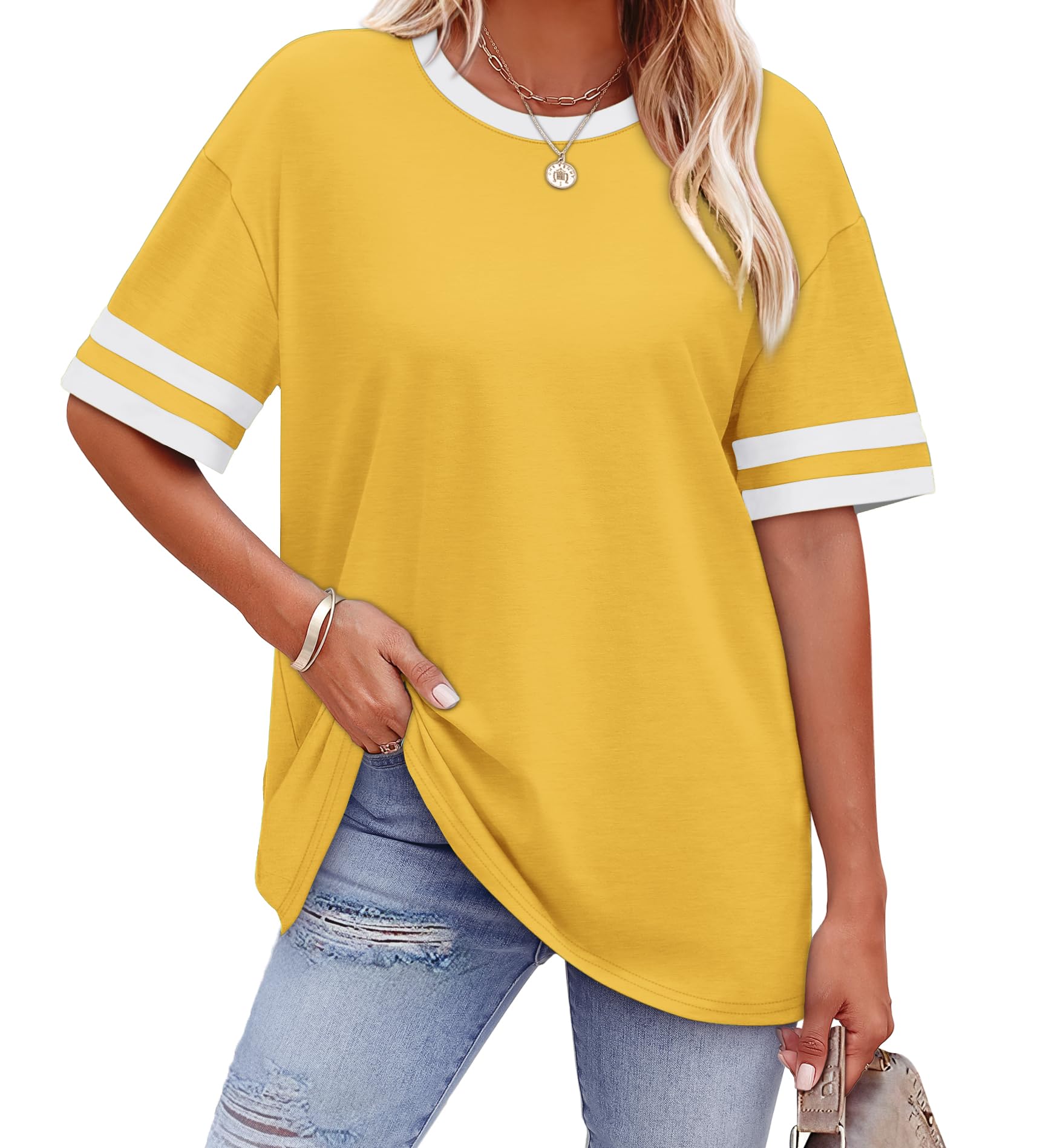 WIHOLL Womens T Shirts Loose Fit Short Sleeve Tees Crew Neck Color Block Summer Tops 2025 Fashion