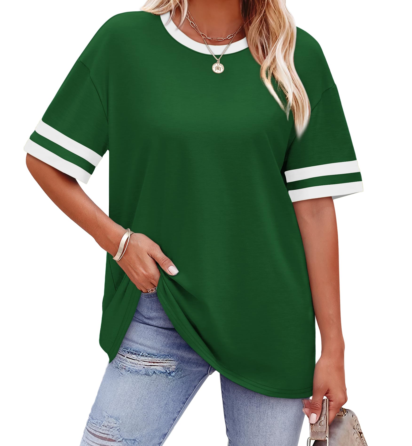 WIHOLL Womens T Shirts Loose Fit Short Sleeve Tees Crew Neck Color Block Summer Tops 2025 Fashion