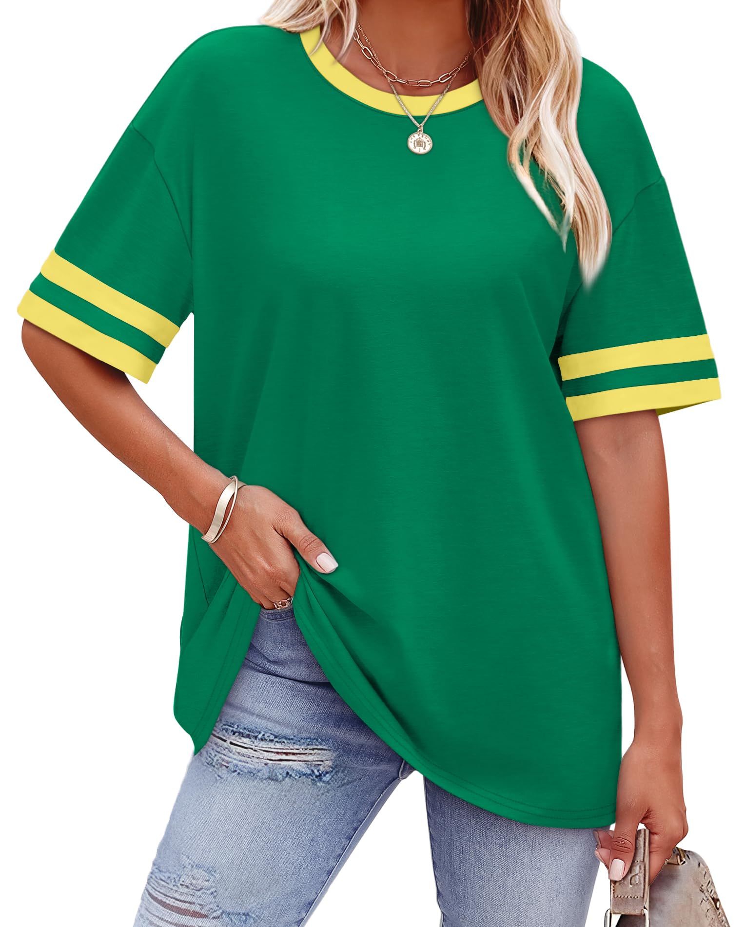 WIHOLL Womens T Shirts Loose Fit Short Sleeve Tees Crew Neck Color Block Summer Tops 2025 Fashion