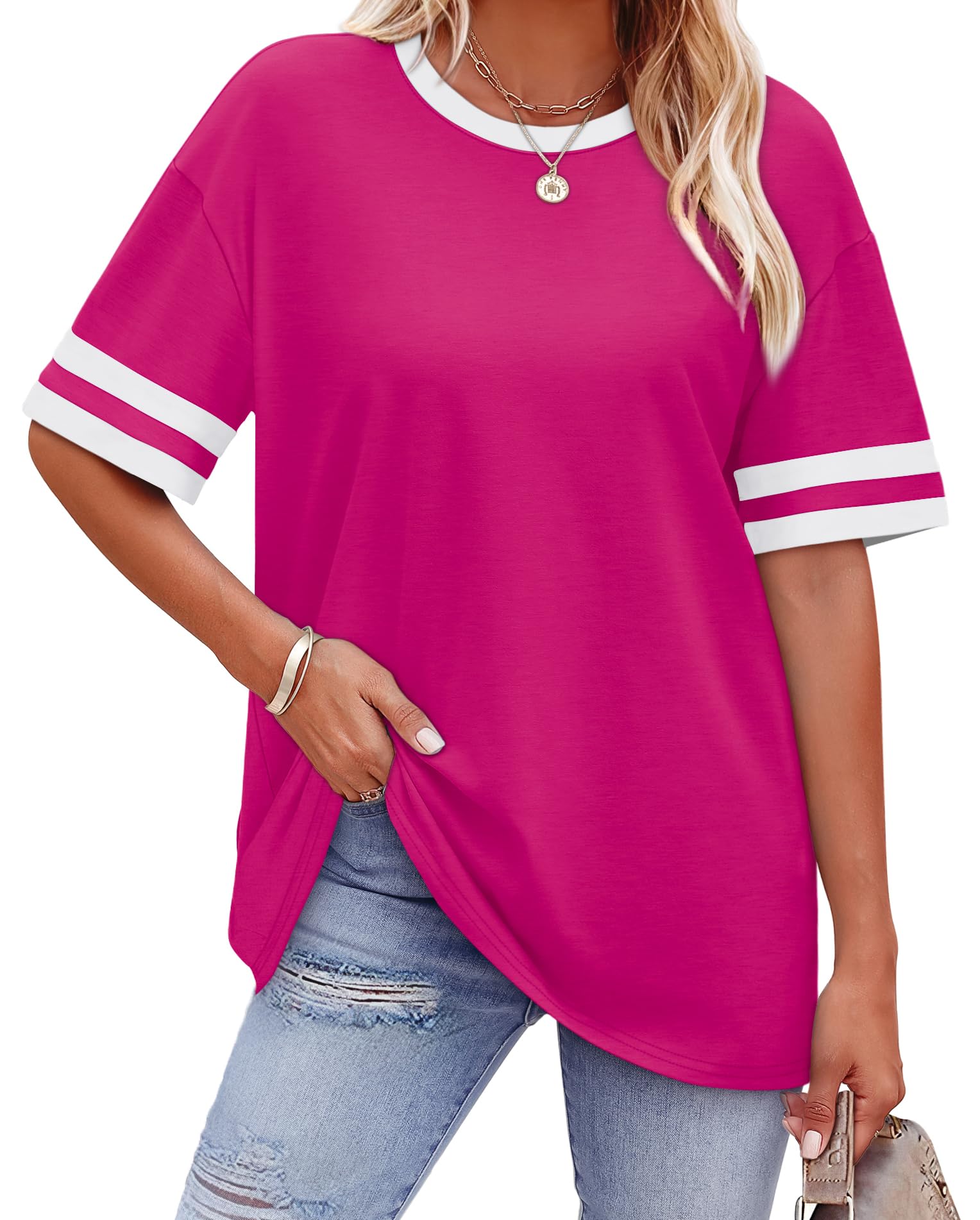 WIHOLL Womens T Shirts Loose Fit Short Sleeve Tees Crew Neck Color Block Summer Tops 2025 Fashion