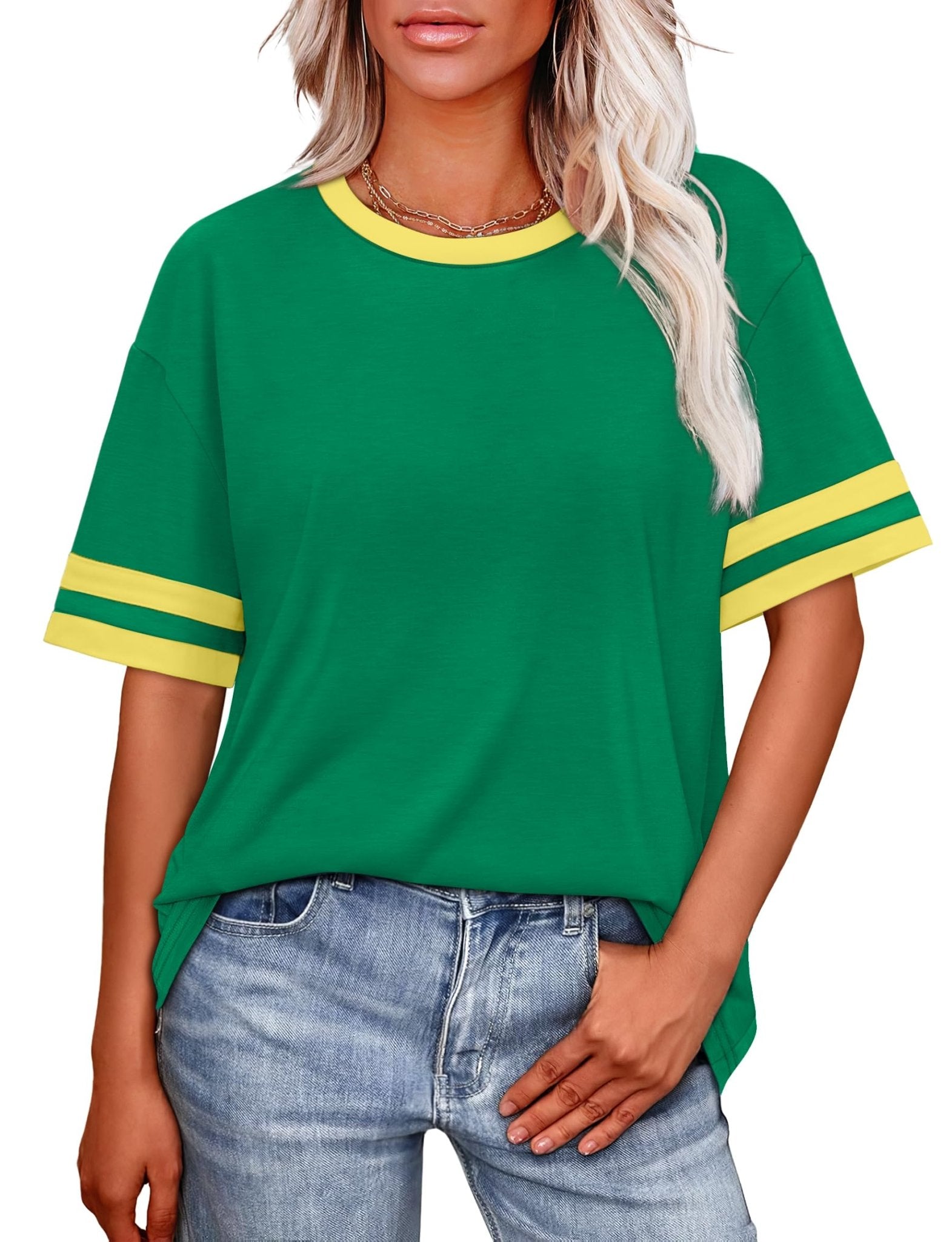 WIHOLL Womens T Shirts Loose Fit Short Sleeve Tees Crew Neck Color Block Summer Tops 2025 Fashion