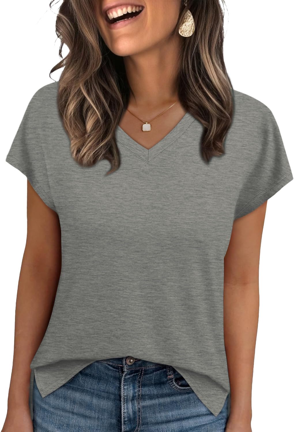 WIHOLL Womens Tops Basic Summer V Neck T Shirts Short Sleeve Dressy Casual Loose Fit Cute Tee Clothes Trendy Fashion Outfits