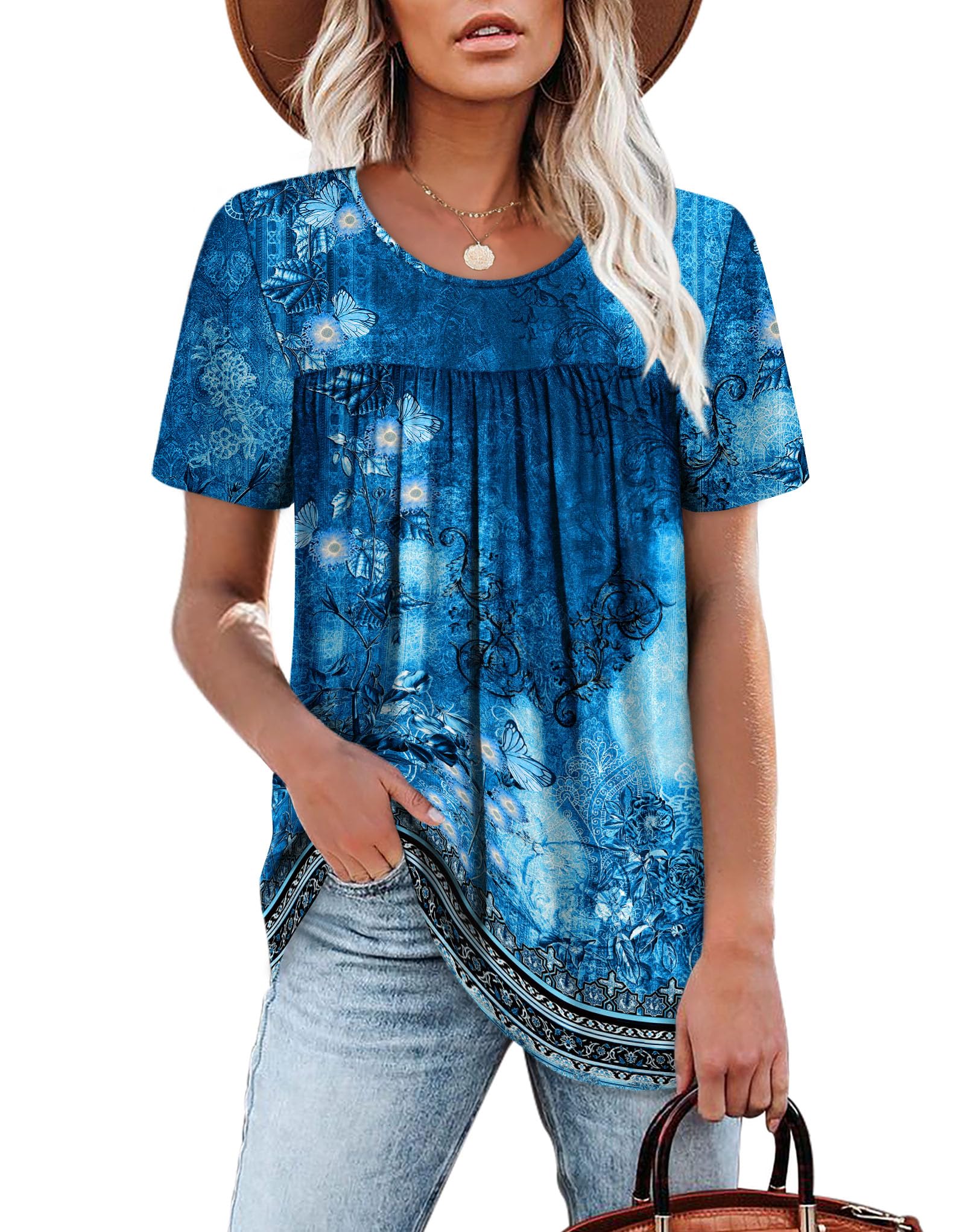 WIHOLL Womens Tops Short Sleeve T Shirts Pleated Dressy Casual Round Neck Summer Clothes Outfits Blouses Loose Fit