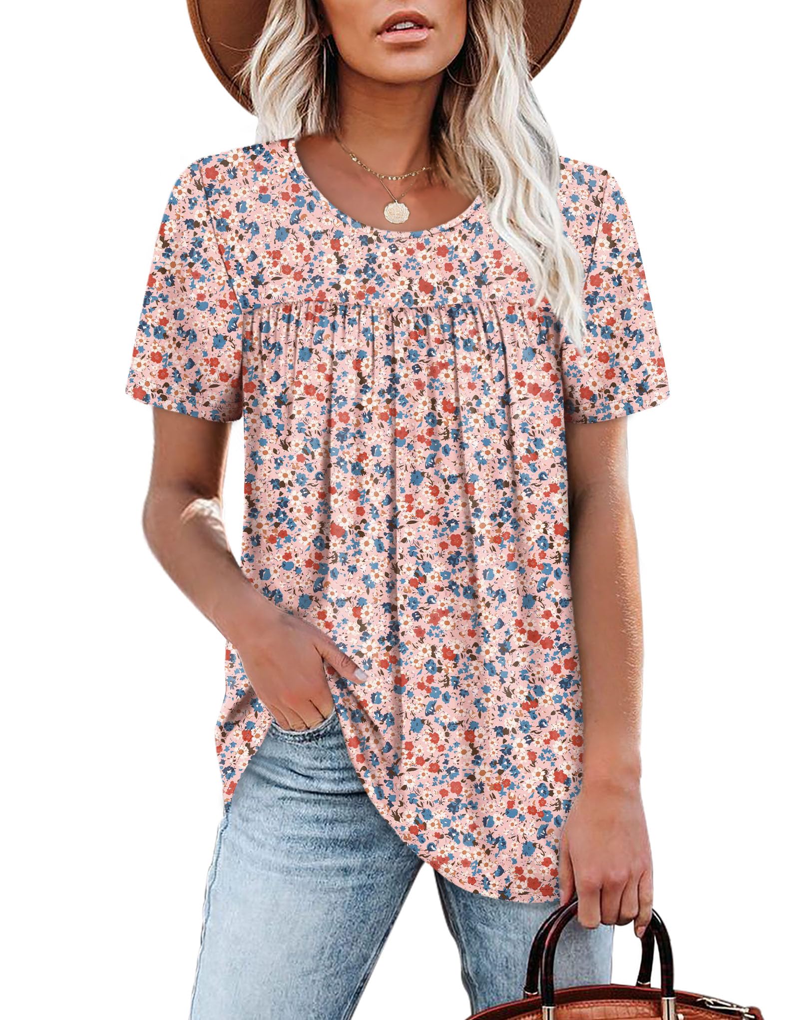 WIHOLL Womens Tops Short Sleeve T Shirts Pleated Dressy Casual Round Neck Summer Clothes Outfits Blouses Loose Fit