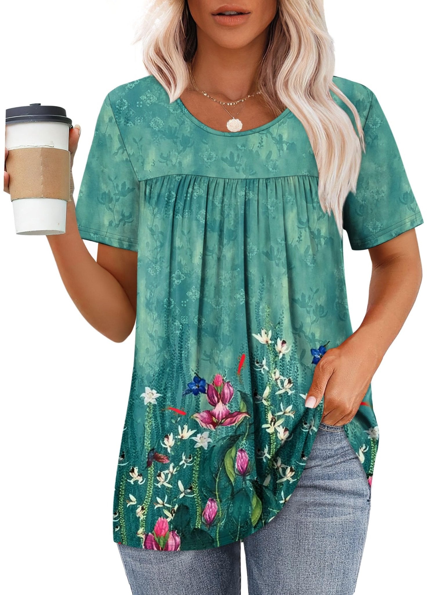 WIHOLL Womens Tops Short Sleeve T Shirts Pleated Dressy Casual Round Neck Summer Clothes Outfits Blouses Loose Fit