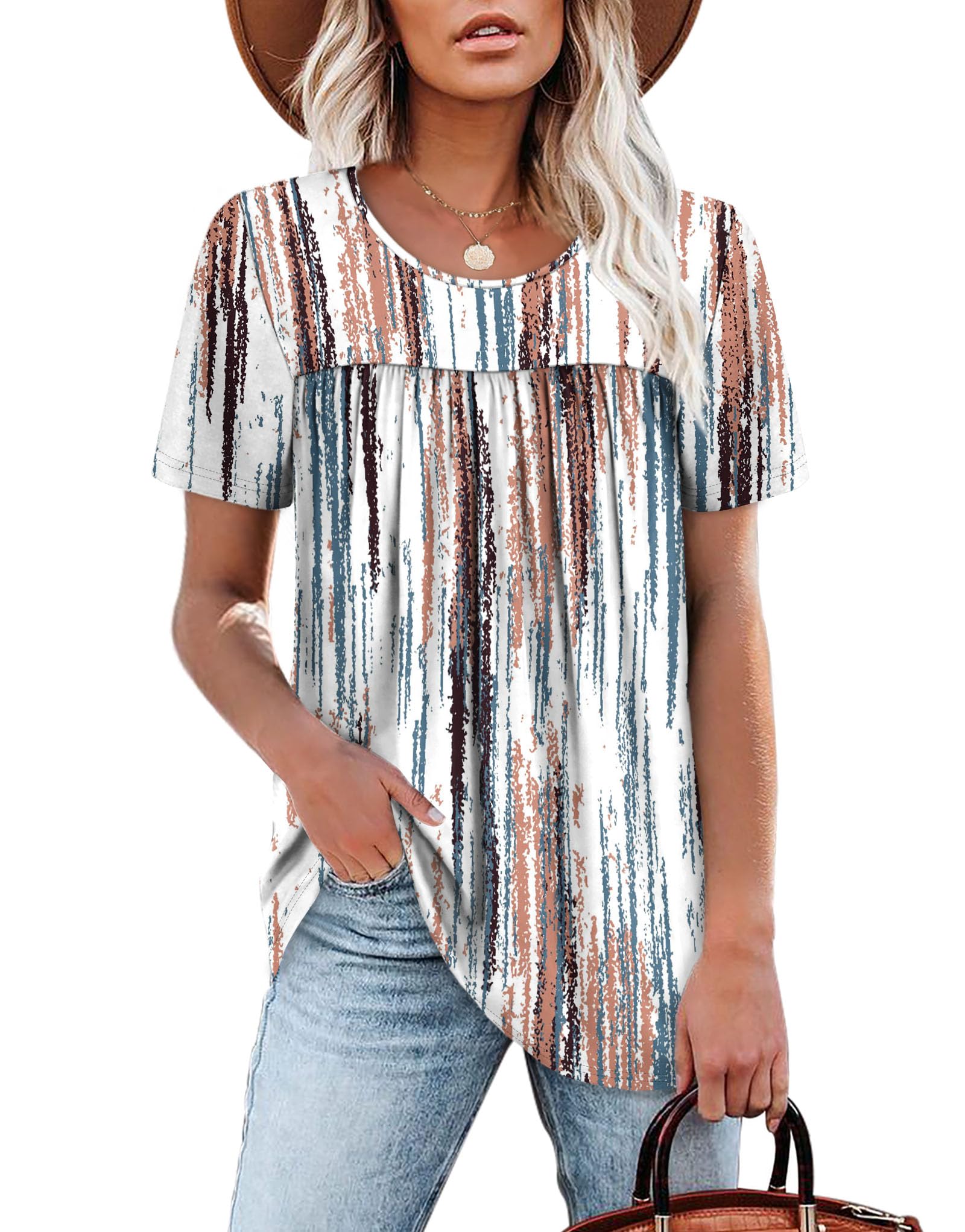 WIHOLL Womens Tops Short Sleeve T Shirts Pleated Dressy Casual Round Neck Summer Clothes Outfits Blouses Loose Fit