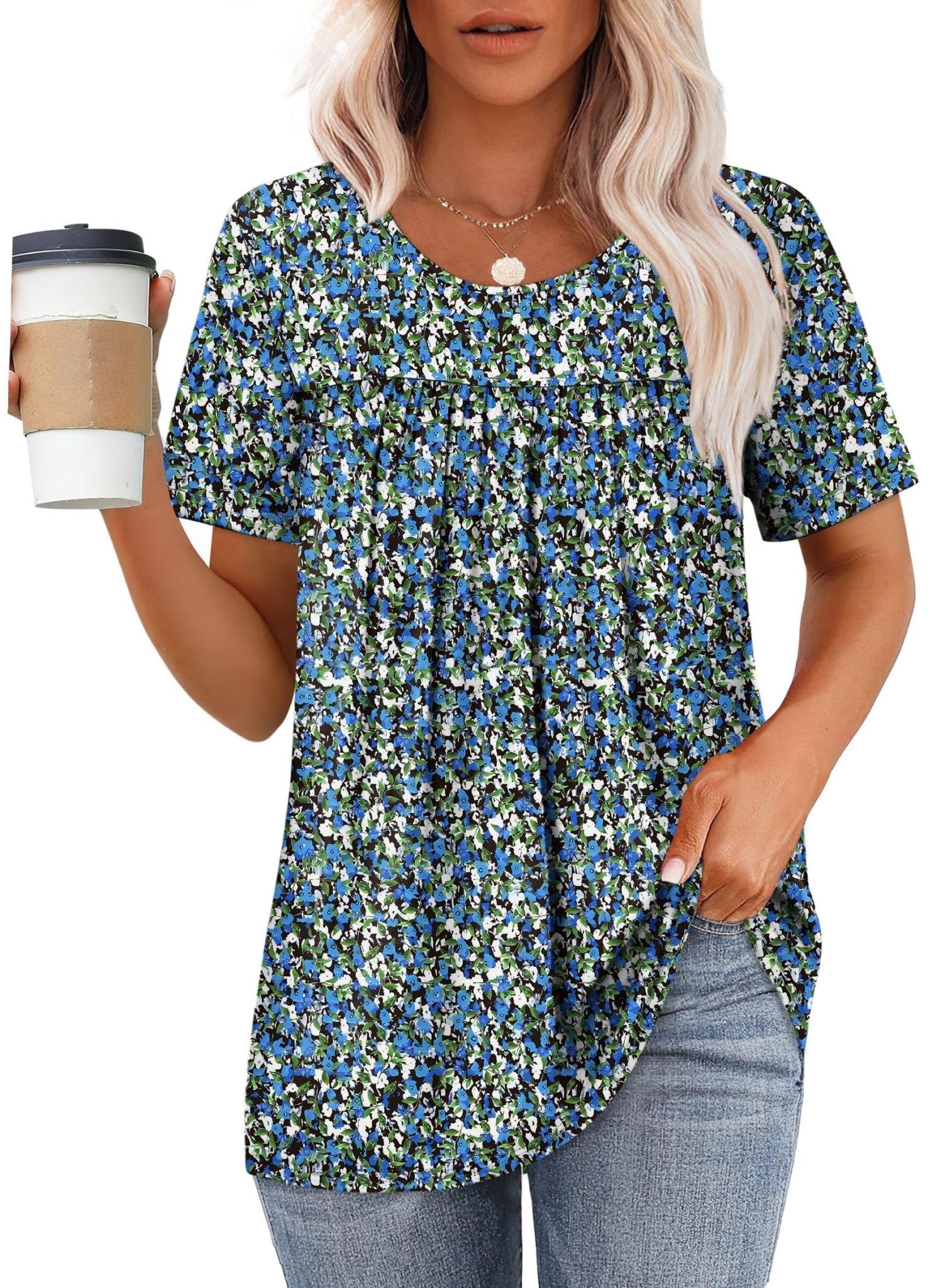 WIHOLL Womens Tops Short Sleeve T Shirts Pleated Dressy Casual Round Neck Summer Clothes Outfits Blouses Loose Fit