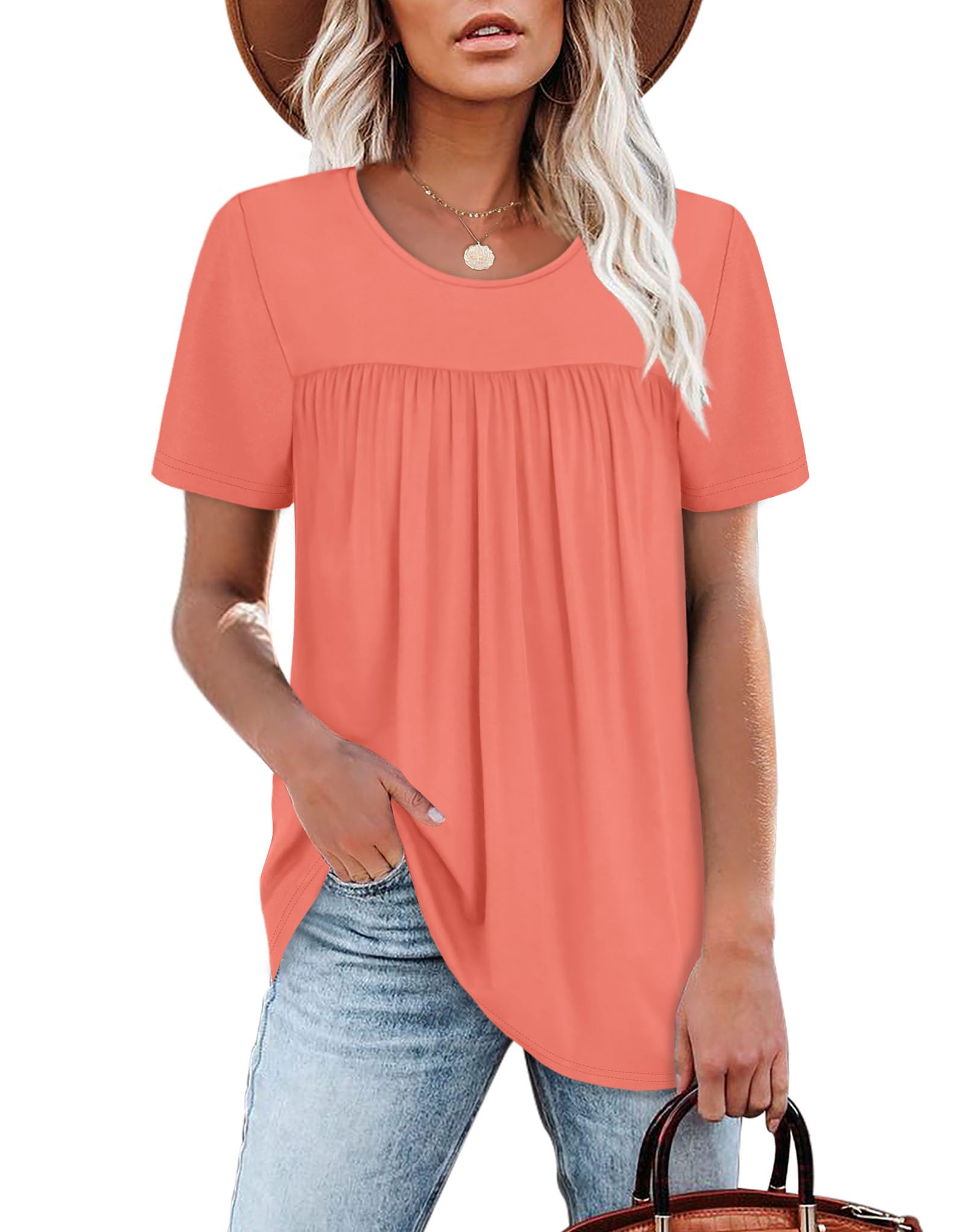 WIHOLL Womens Tops Short Sleeve T Shirts Pleated Dressy Casual Round Neck Summer Clothes Outfits Blouses Loose Fit