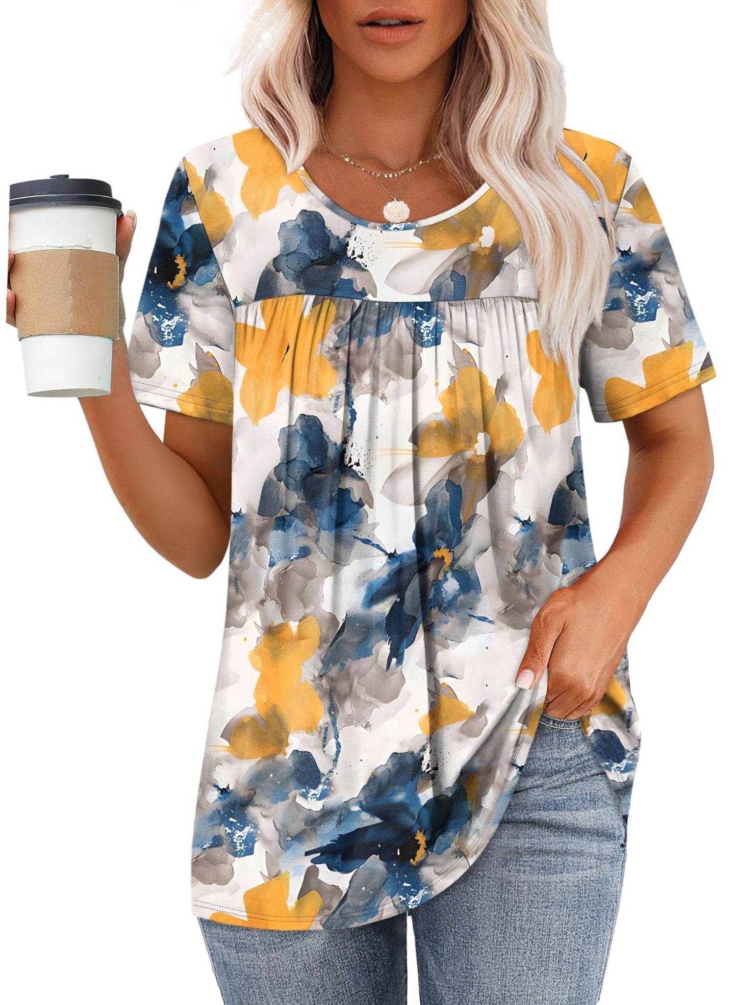 WIHOLL Womens Tops Short Sleeve T Shirts Pleated Dressy Casual Round Neck Summer Clothes Outfits Blouses Loose Fit