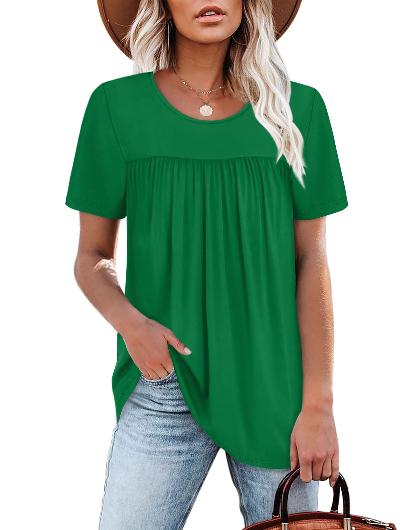 WIHOLL Womens Tops Short Sleeve T Shirts Pleated Dressy Casual Round Neck Summer Clothes Outfits Blouses Loose Fit