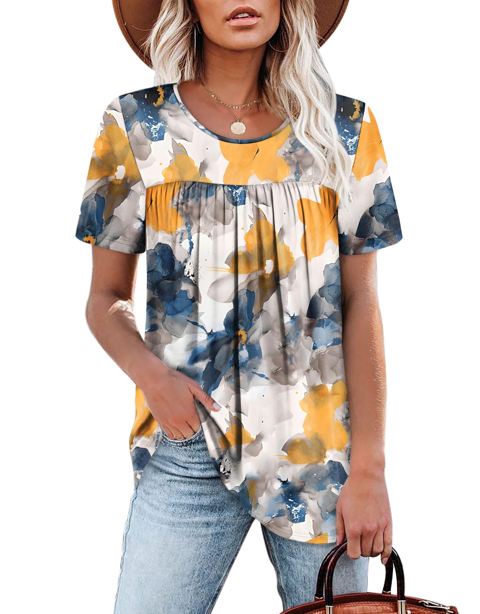 WIHOLL Womens Tops Short Sleeve T Shirts Pleated Dressy Casual Round Neck Summer Clothes Outfits Blouses Loose Fit