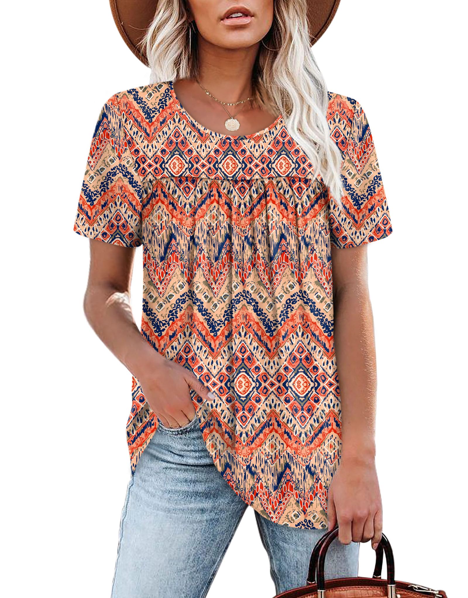 WIHOLL Womens Tops Short Sleeve T Shirts Pleated Dressy Casual Round Neck Summer Clothes Outfits Blouses Loose Fit