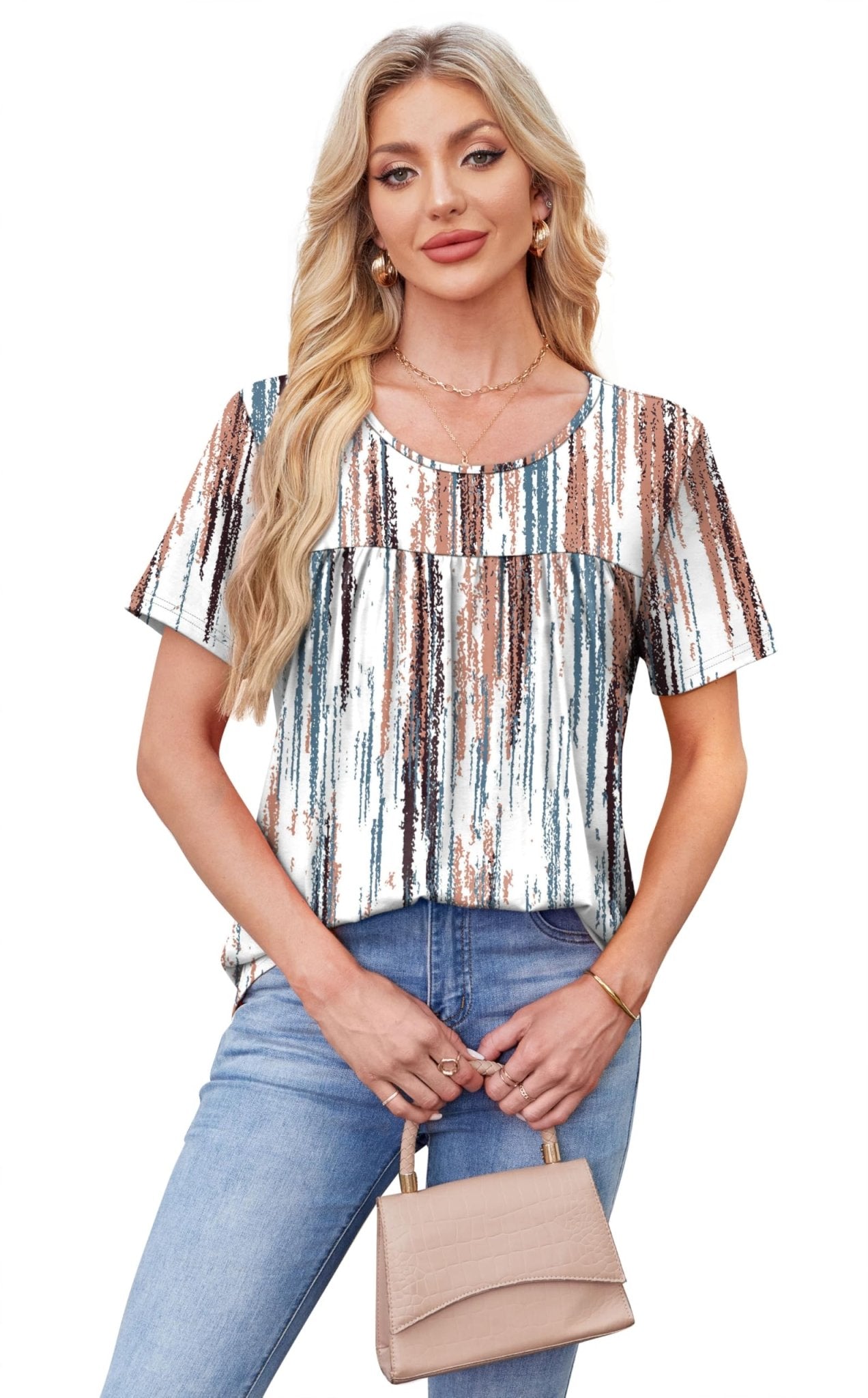 WIHOLL Womens Tops Short Sleeve T Shirts Pleated Dressy Casual Round Neck Summer Clothes Outfits Blouses Loose Fit