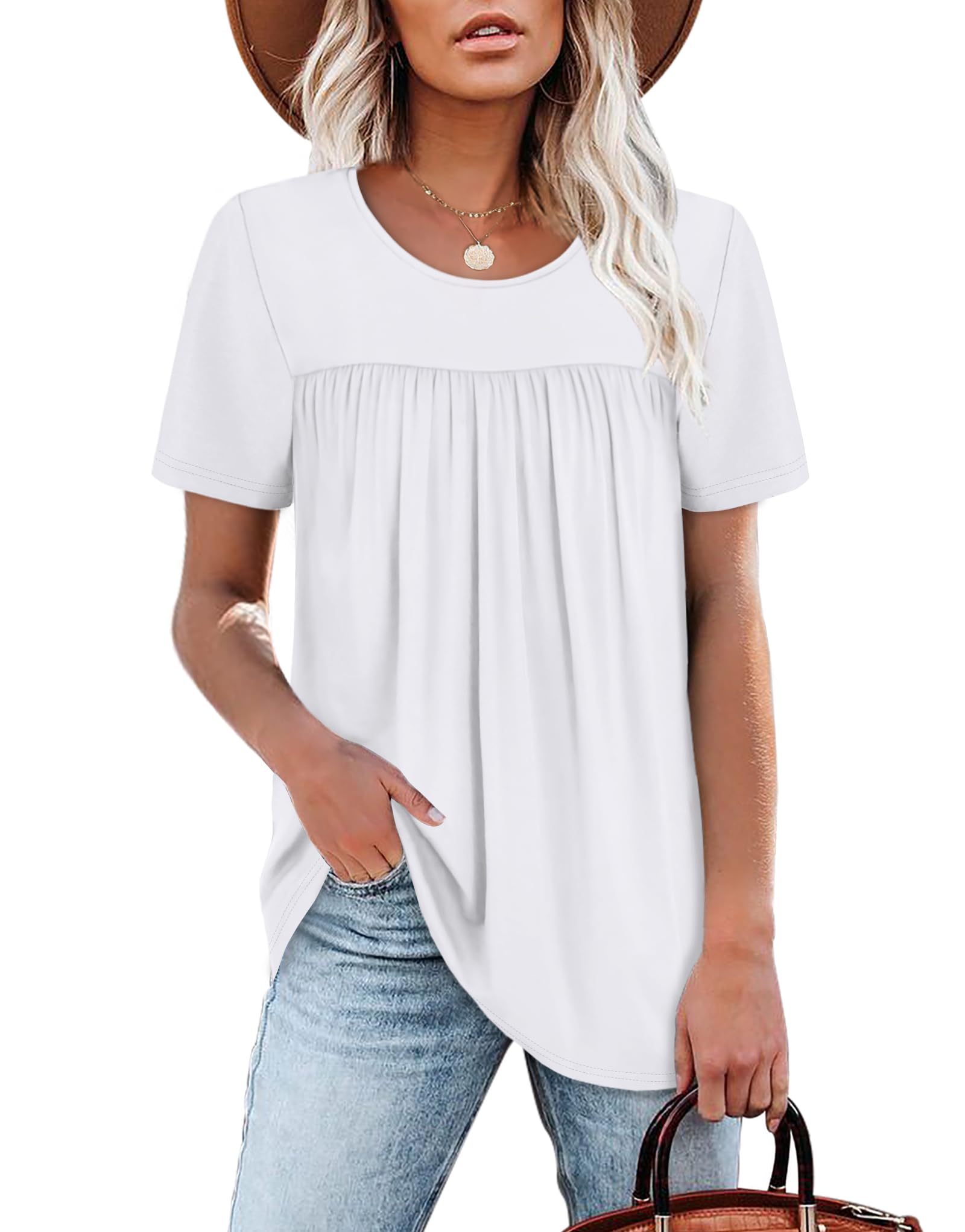 WIHOLL Womens Tops Short Sleeve T Shirts Pleated Dressy Casual Round Neck Summer Clothes Outfits Blouses Loose Fit