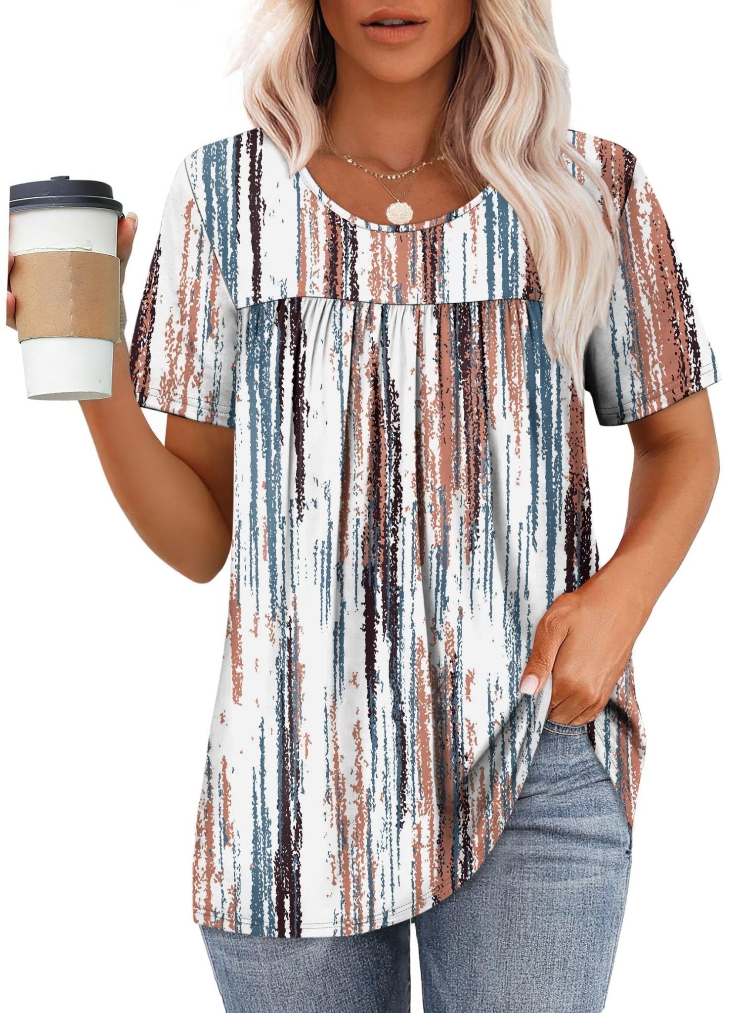 WIHOLL Womens Tops Short Sleeve T Shirts Pleated Dressy Casual Round Neck Summer Clothes Outfits Blouses Loose Fit