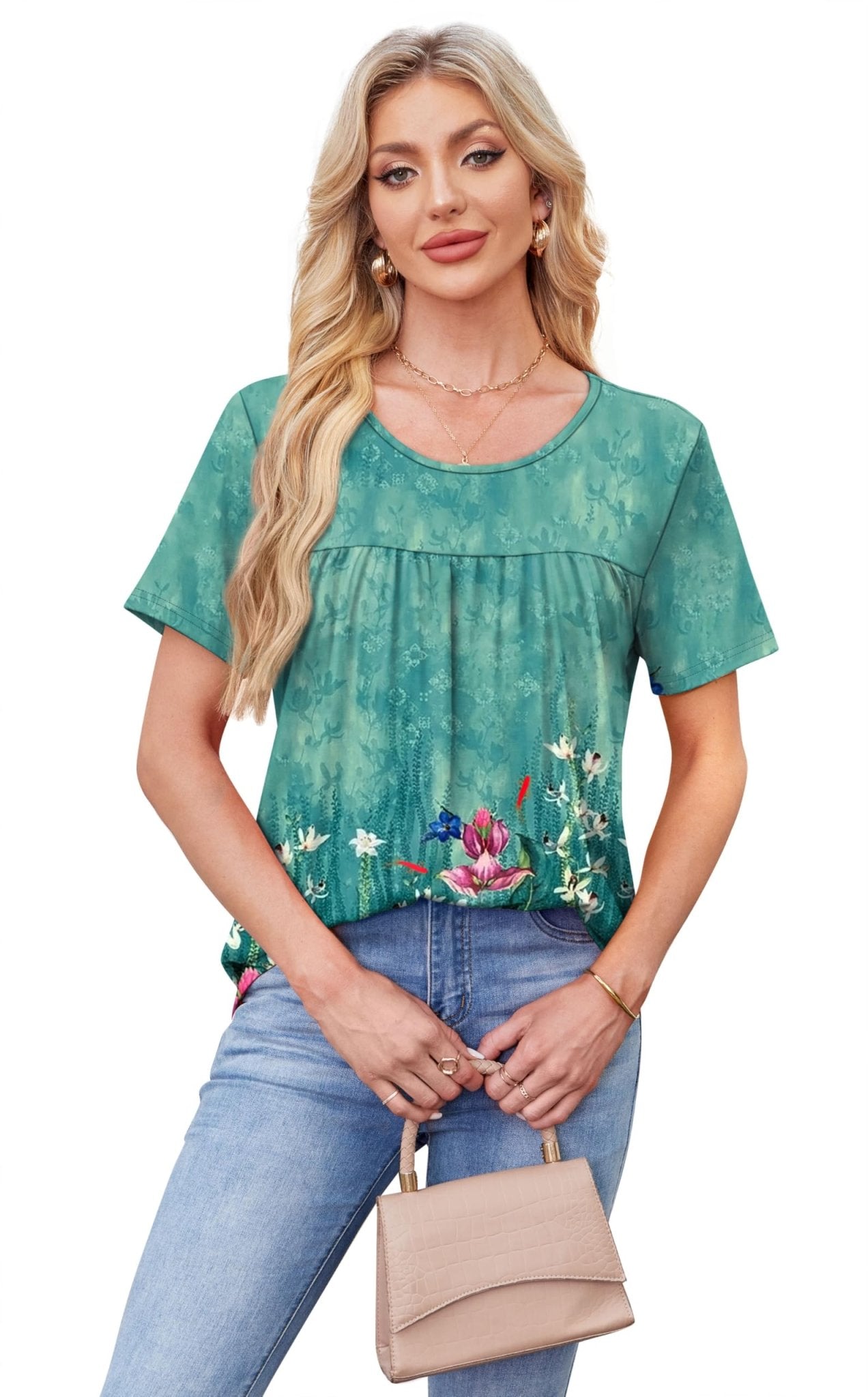 WIHOLL Womens Tops Short Sleeve T Shirts Pleated Dressy Casual Round Neck Summer Clothes Outfits Blouses Loose Fit