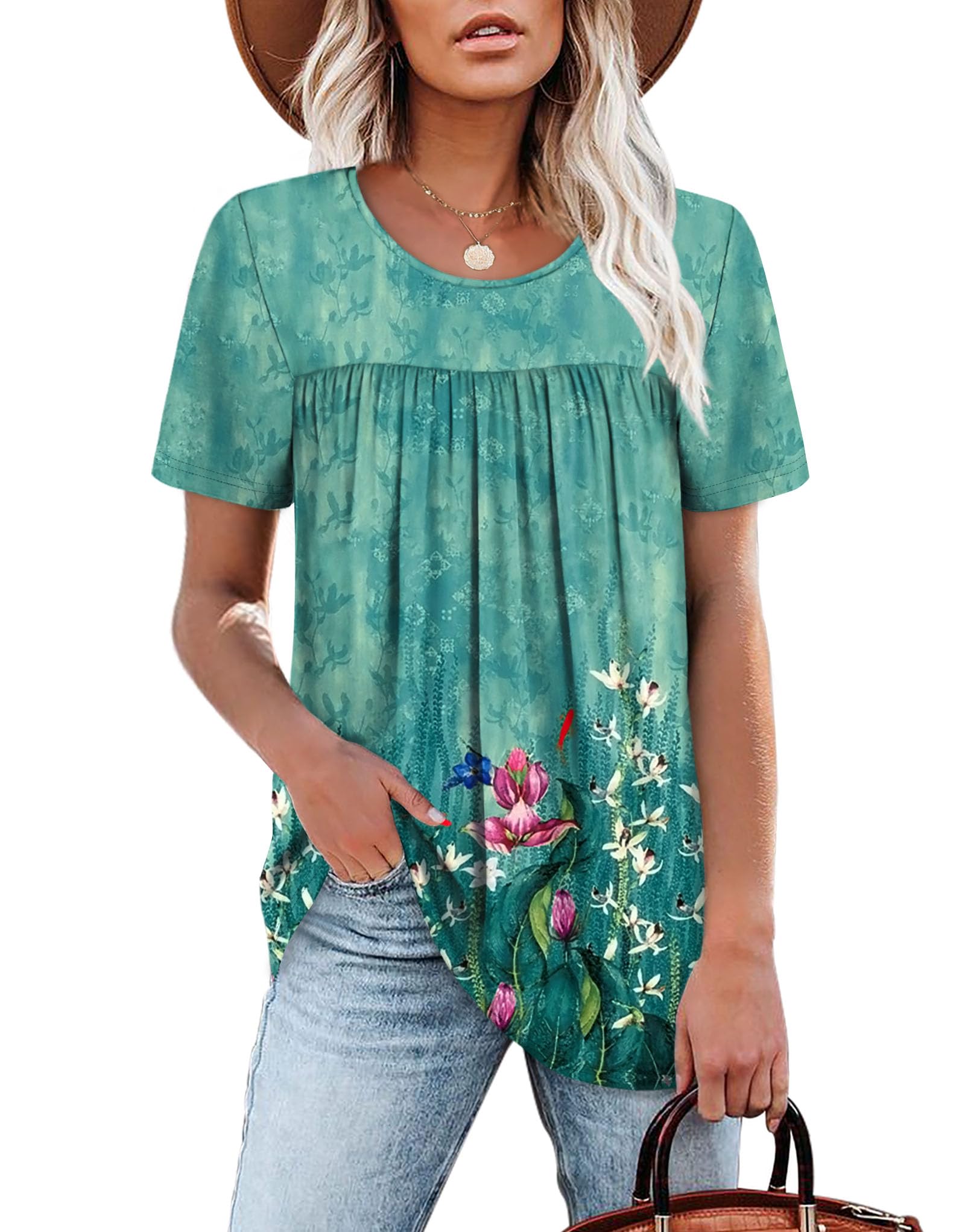 WIHOLL Womens Tops Short Sleeve T Shirts Pleated Dressy Casual Round Neck Summer Clothes Outfits Blouses Loose Fit