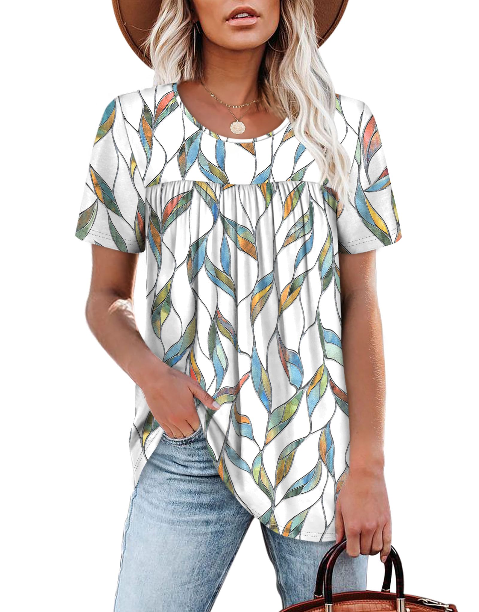 WIHOLL Womens Tops Short Sleeve T Shirts Pleated Dressy Casual Round Neck Summer Clothes Outfits Blouses Loose Fit