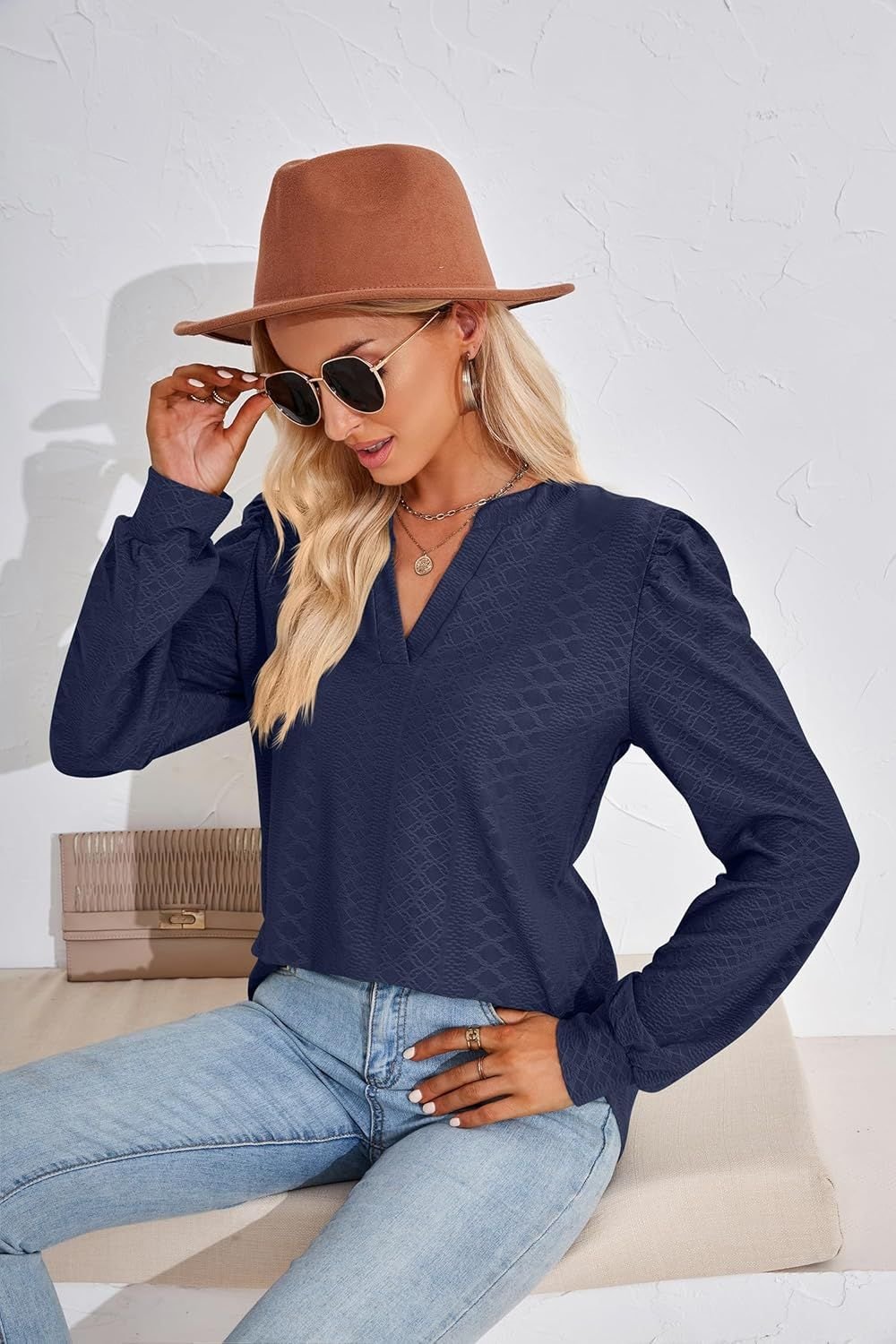 Women Tops Blouse Causal Shirts Puff Long Sleeve Tunic V Neck