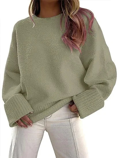 Women's Crewneck Long Sleeve Oversized Fuzzy Knit Chunky Warm Pullover Sweater Top