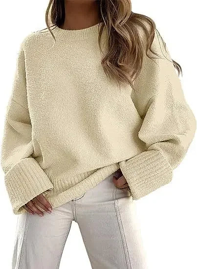 Women's Crewneck Long Sleeve Oversized Fuzzy Knit Chunky Warm Pullover Sweater Top