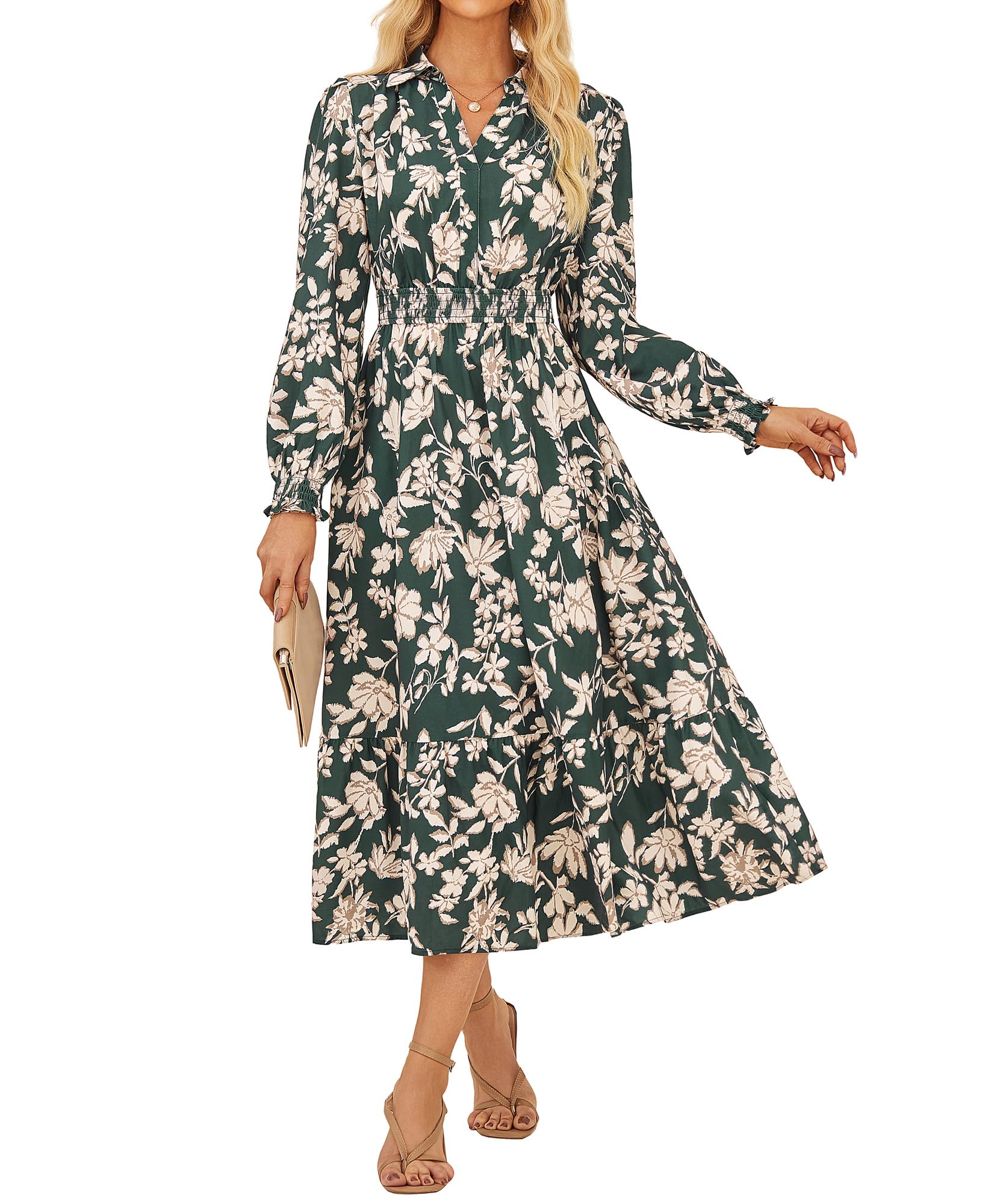 Women's Floral Dress for Women 2025 Fall Midi Dress Casual Long Sleeve V Neck A Line Flowy Shirt Dresses with Pocket