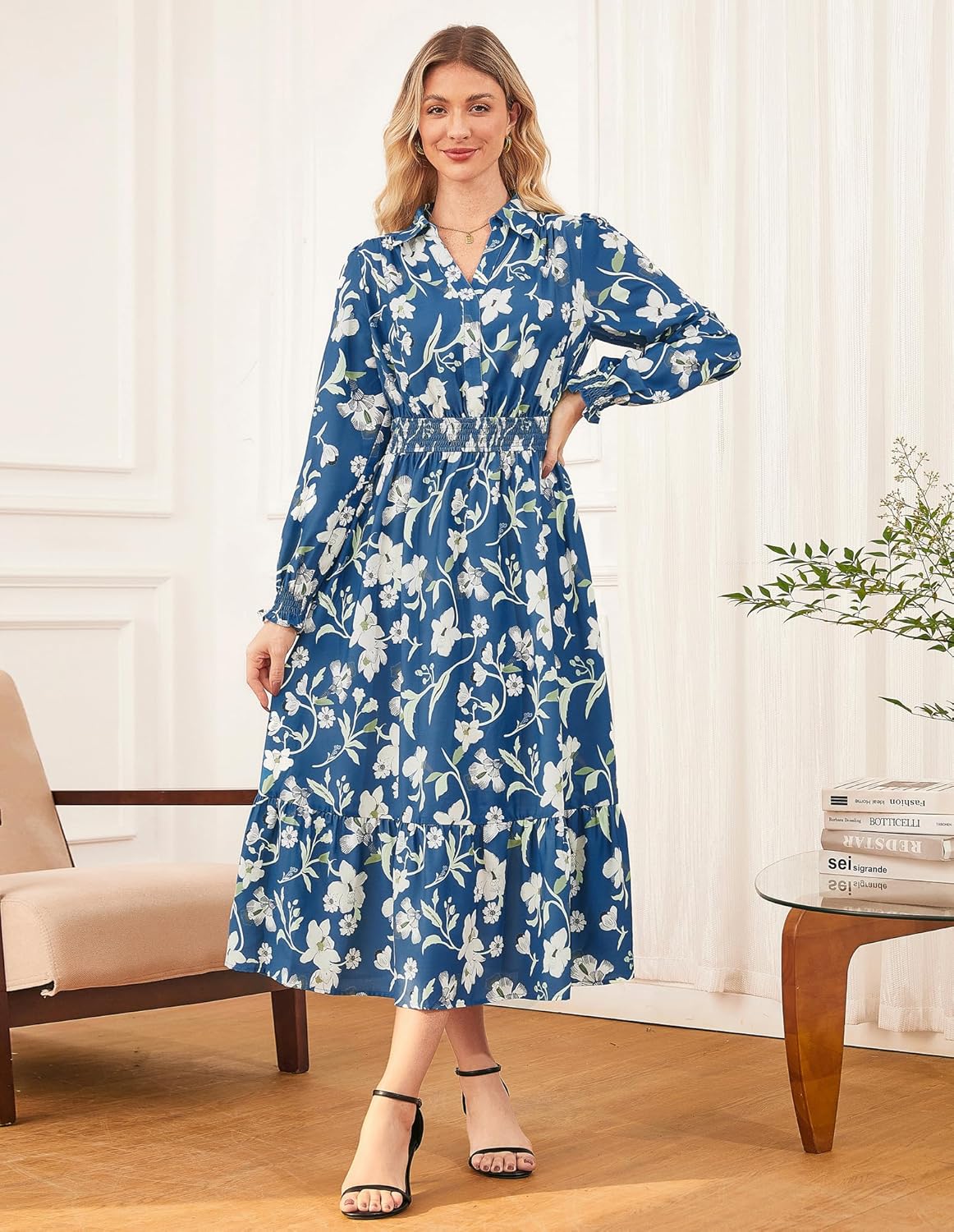 Women's Floral Dress for Women 2025 Fall Midi Dress Casual Long Sleeve V Neck A Line Flowy Shirt Dresses with Pocket