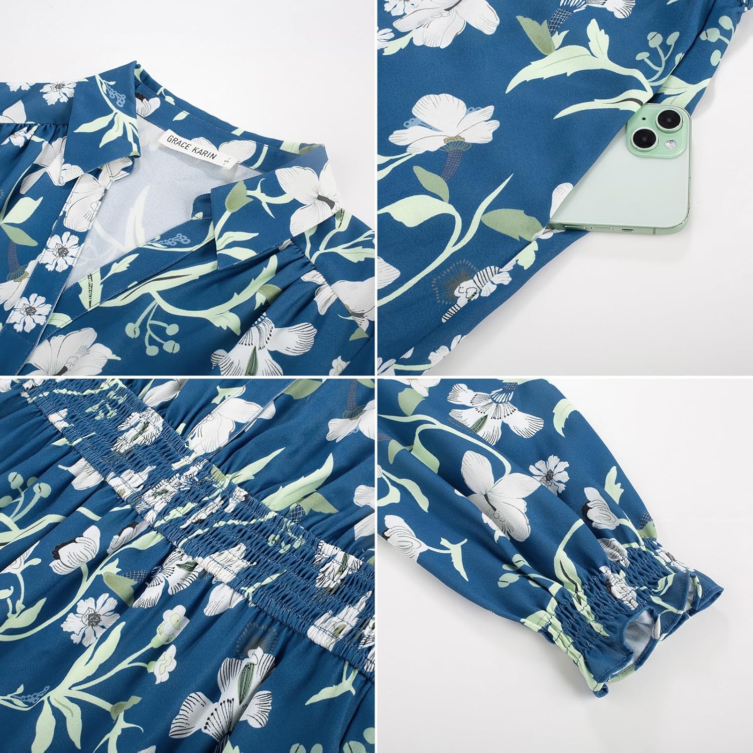 Women's Floral Dress for Women 2025 Fall Midi Dress Casual Long Sleeve V Neck A Line Flowy Shirt Dresses with Pocket