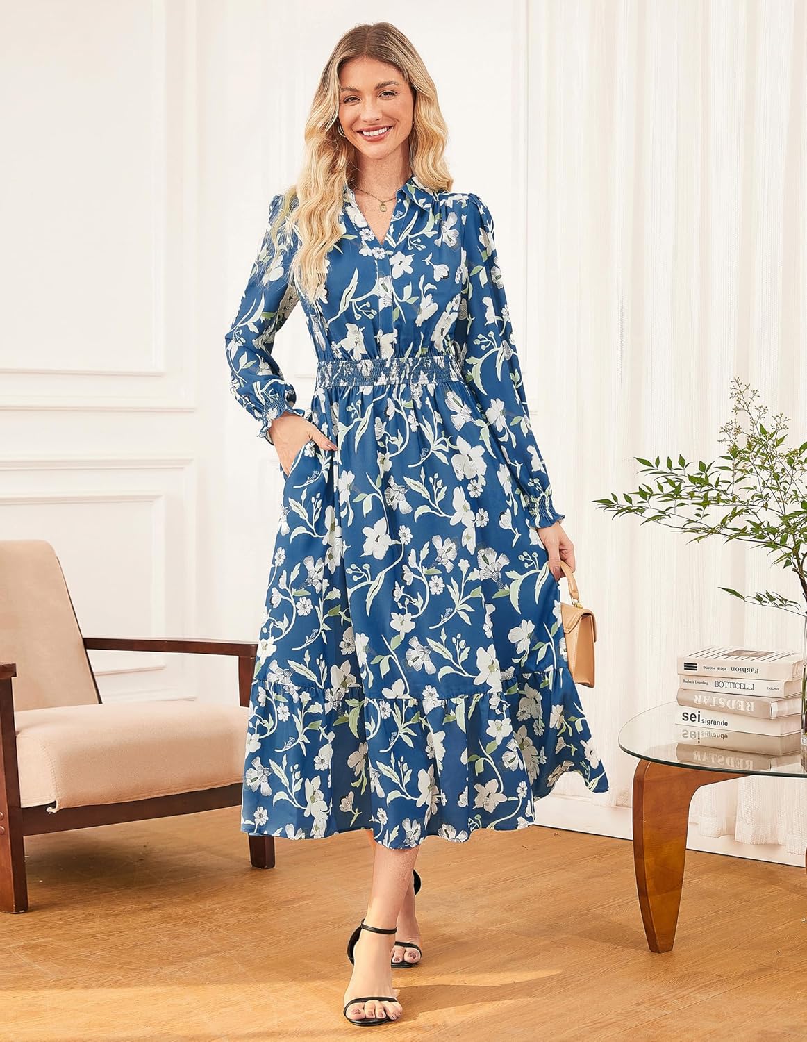 Women's Floral Dress for Women 2025 Fall Midi Dress Casual Long Sleeve V Neck A Line Flowy Shirt Dresses with Pocket