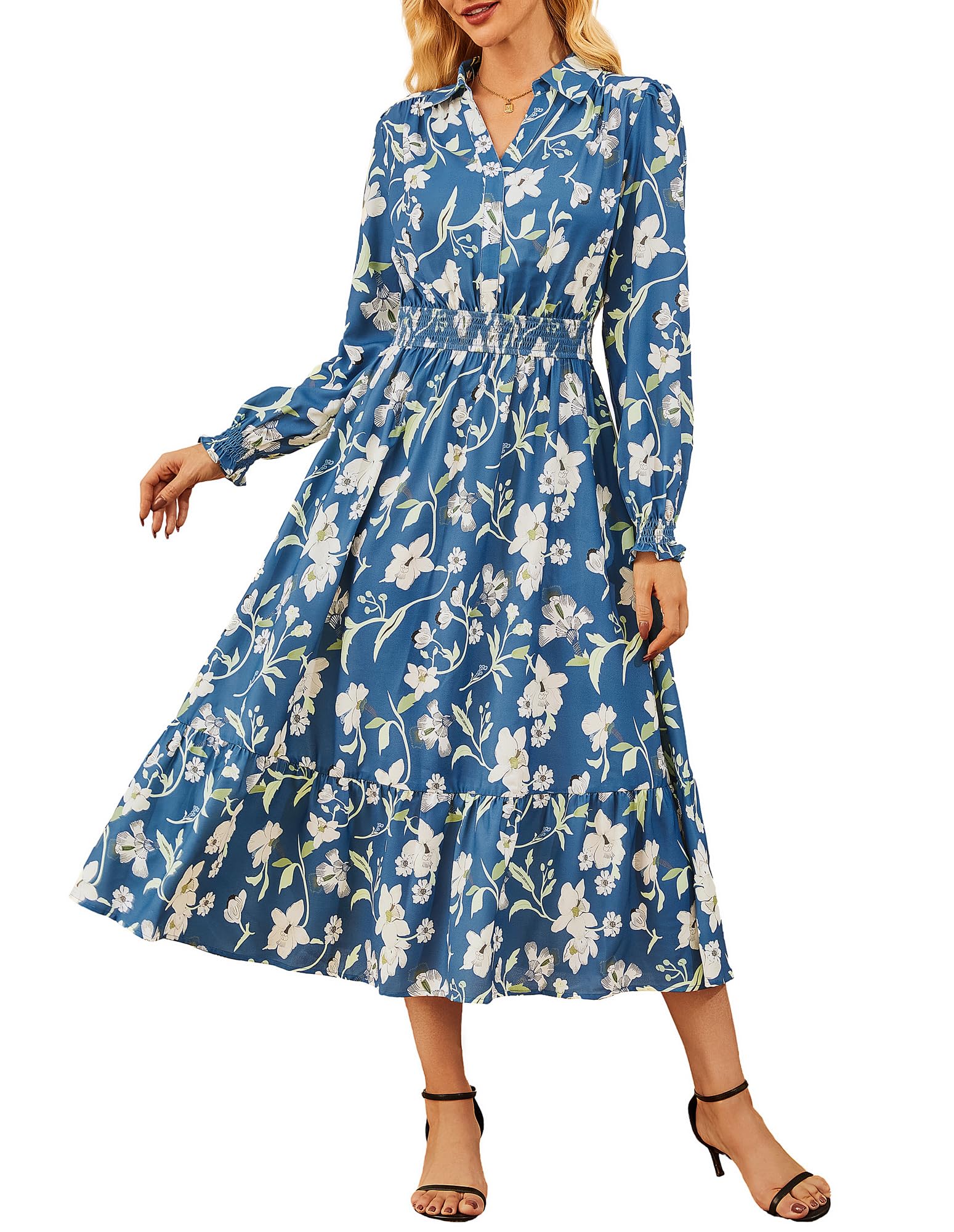 Women's Floral Dress for Women 2025 Fall Midi Dress Casual Long Sleeve V Neck A Line Flowy Shirt Dresses with Pocket