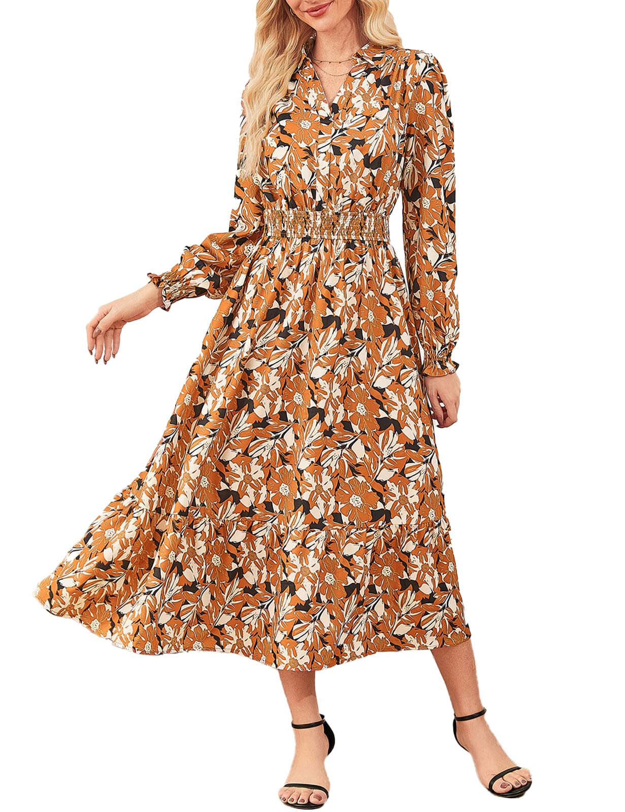 Women's Floral Dress for Women 2025 Fall Midi Dress Casual Long Sleeve V Neck A Line Flowy Shirt Dresses with Pocket