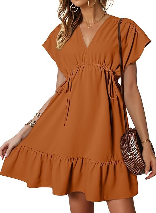 Women's Orange V Neck Ruffle Mini Dress Short Sleeve Drawstring A Line Flowy Skirt Medium Size