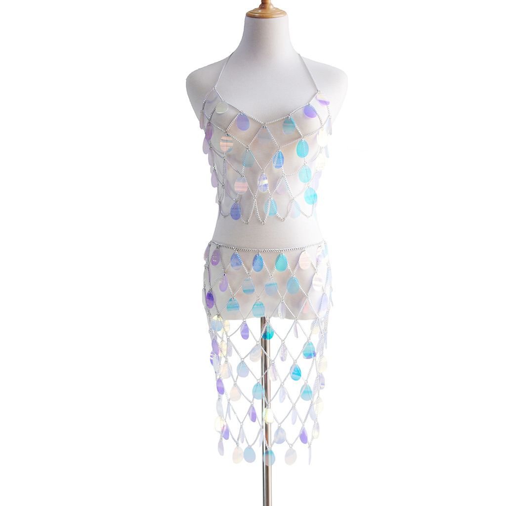Women's Sequin Bra Dress Set Body Chain