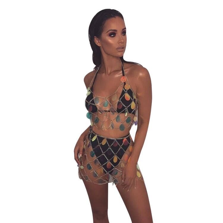 Women's Sequin Bra Dress Set Body Chain