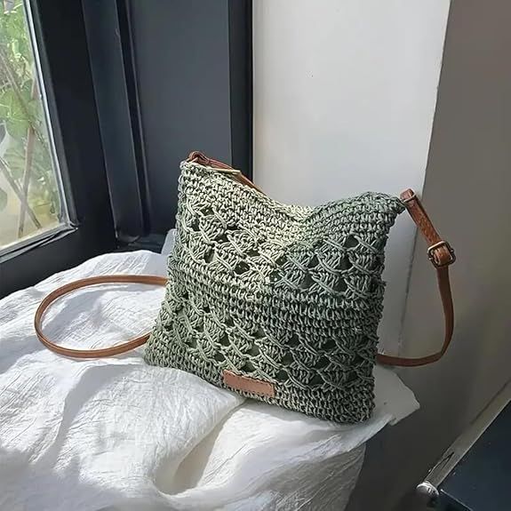 Women's Straw Shoulder Bag Crochet Woven Crossbody Bag Casual Beach Vacation Tote Bags