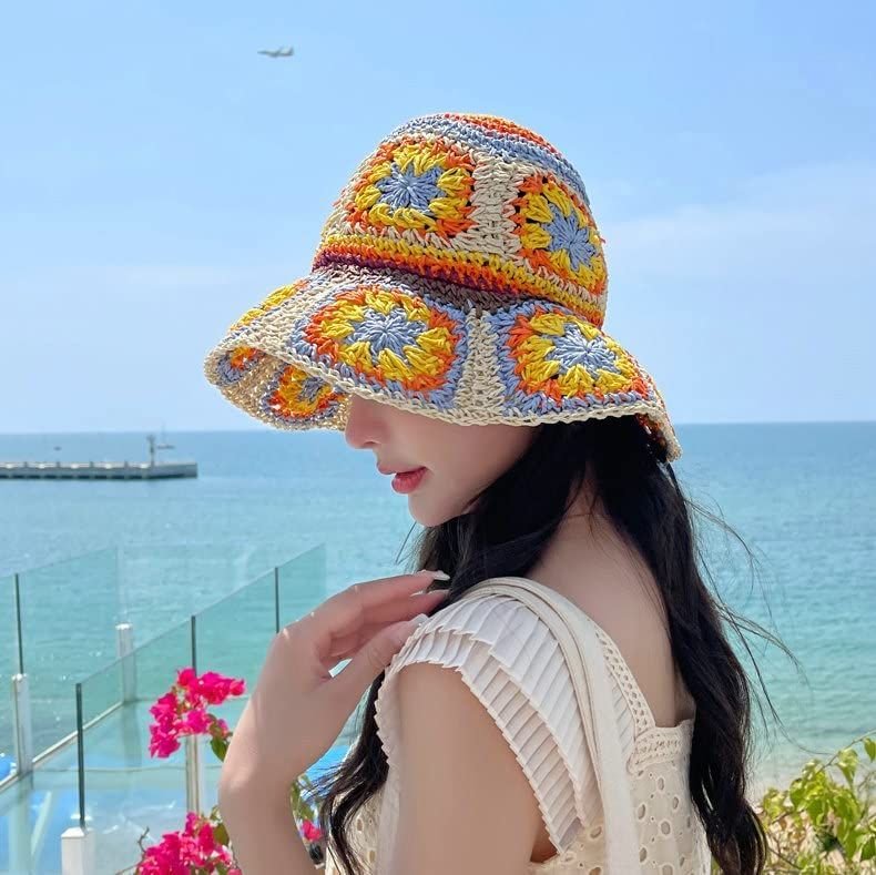 Women's Straw Sun Hat Floral Woven Bucket Hat Fishing Hat Beach Hat Hand Woven Foldable Cap
