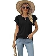 Women's summer top with covered sleeves, fashionable floral print, casual V-neck T-shirt, petal sleeve shirt