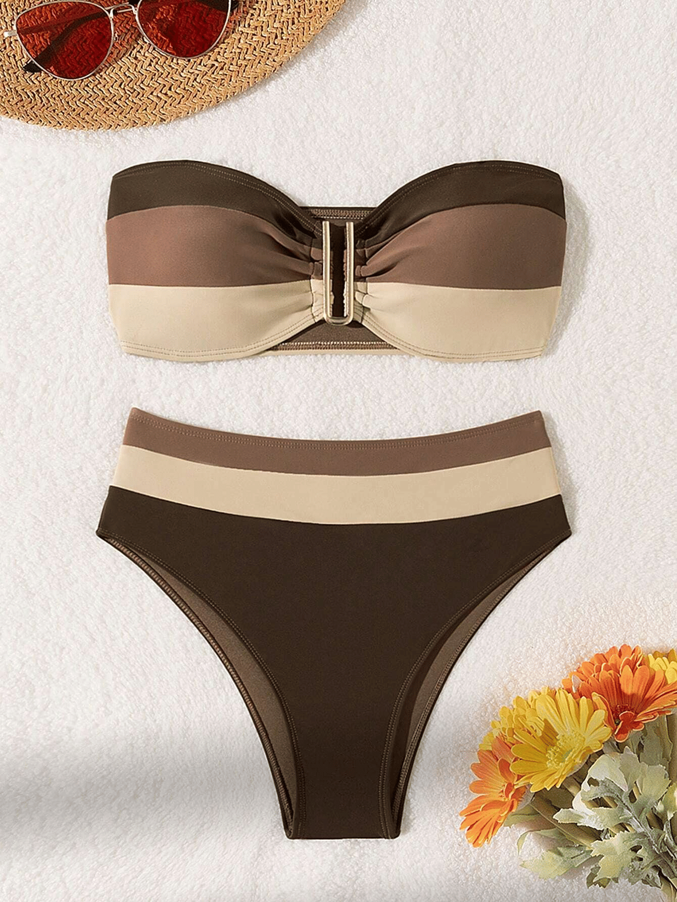 Women's two-piece coffee colored bikini swimsuit strapless fashion quick drying