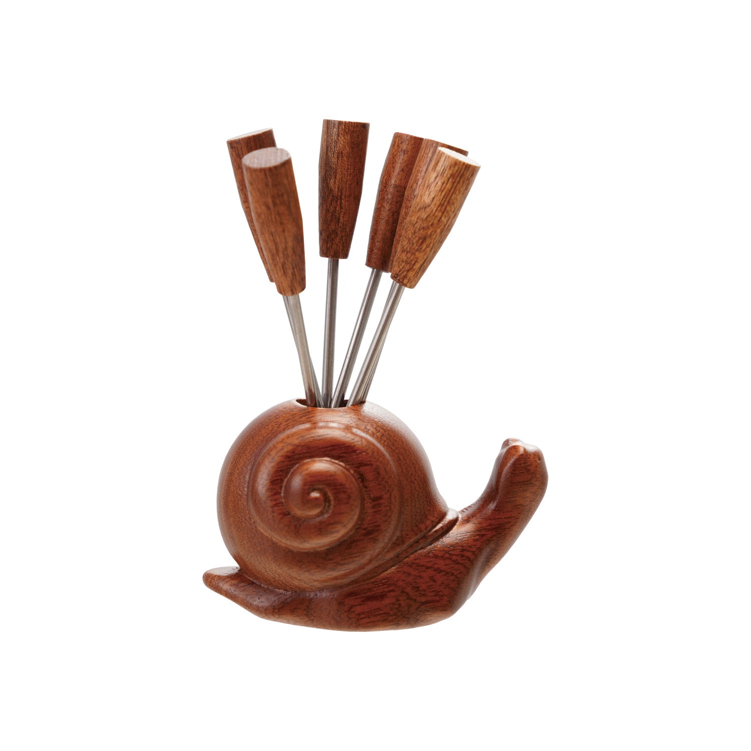 Wood Snail Holder with 6 Stainless Steel Appetizer Picks