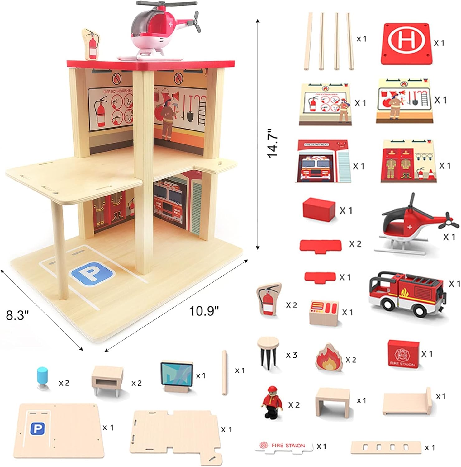 Wooden Fire Station Playset, Multicolor 3-Level Pretend Play Dollhouse with Figures, Truck, Helicopter and Accessories, Preschool Learning Educational Toys for Toddlers Kids Age 3 and up