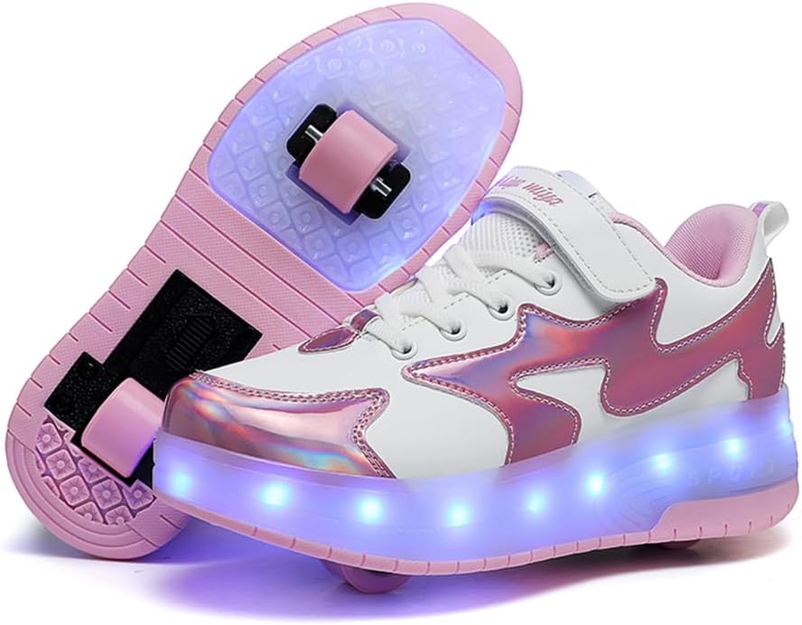 Wooowyet LED Roller Skate Shoes for Kids Boys Girls Light Up Fashion Sneakers Wheels Wheeled USB Rechargeable Hook&Loop