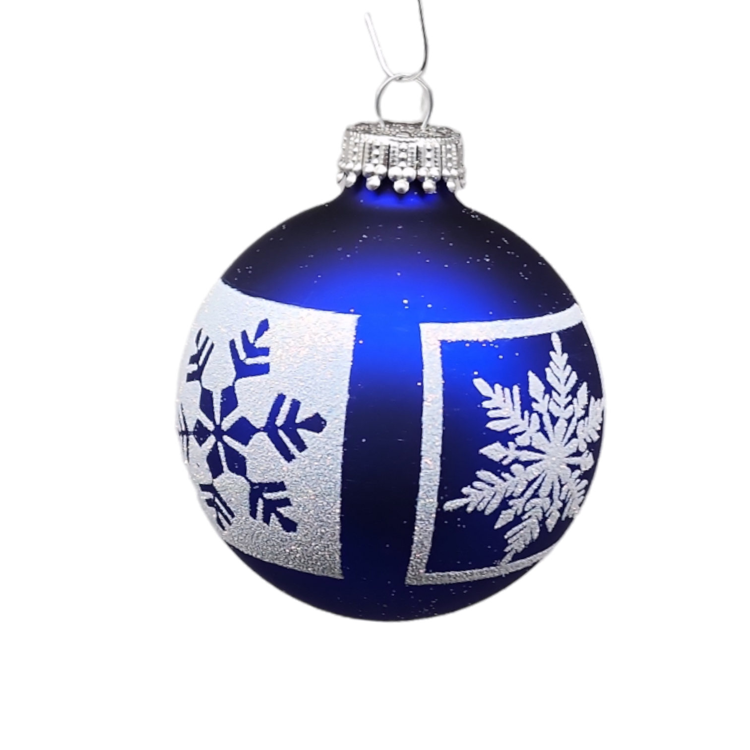 Krebs Value Glass Ball 4 pack - White Glitter Snowflakes on Deep Blue