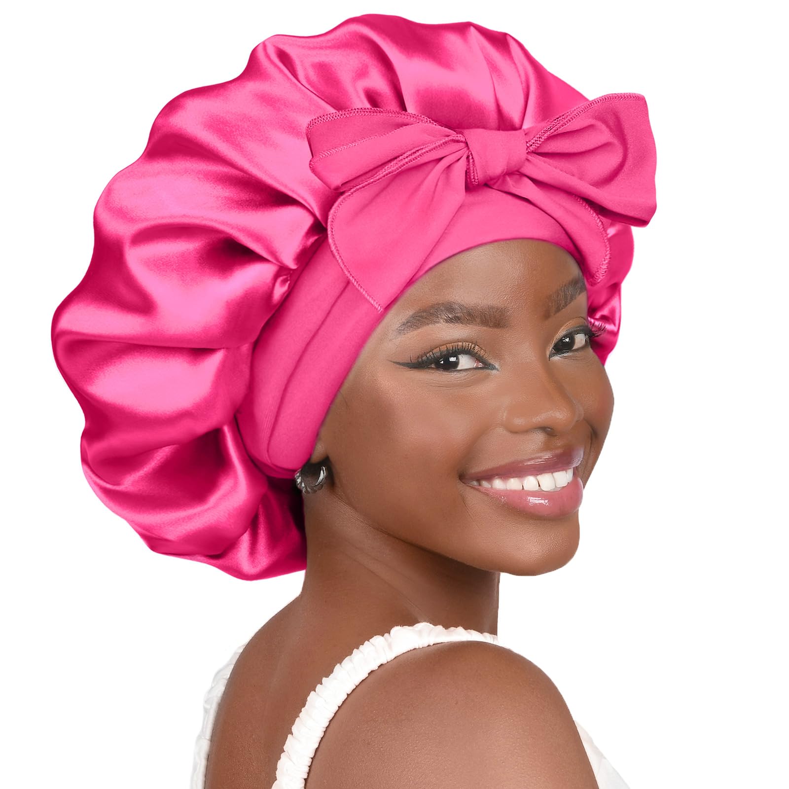 YANIBEST Silk Bonnet for Sleeping Women Satin Bonnet Double Layer Satin Lined Hair Bonnet with Tie Band Curly Hair Blush Pink
