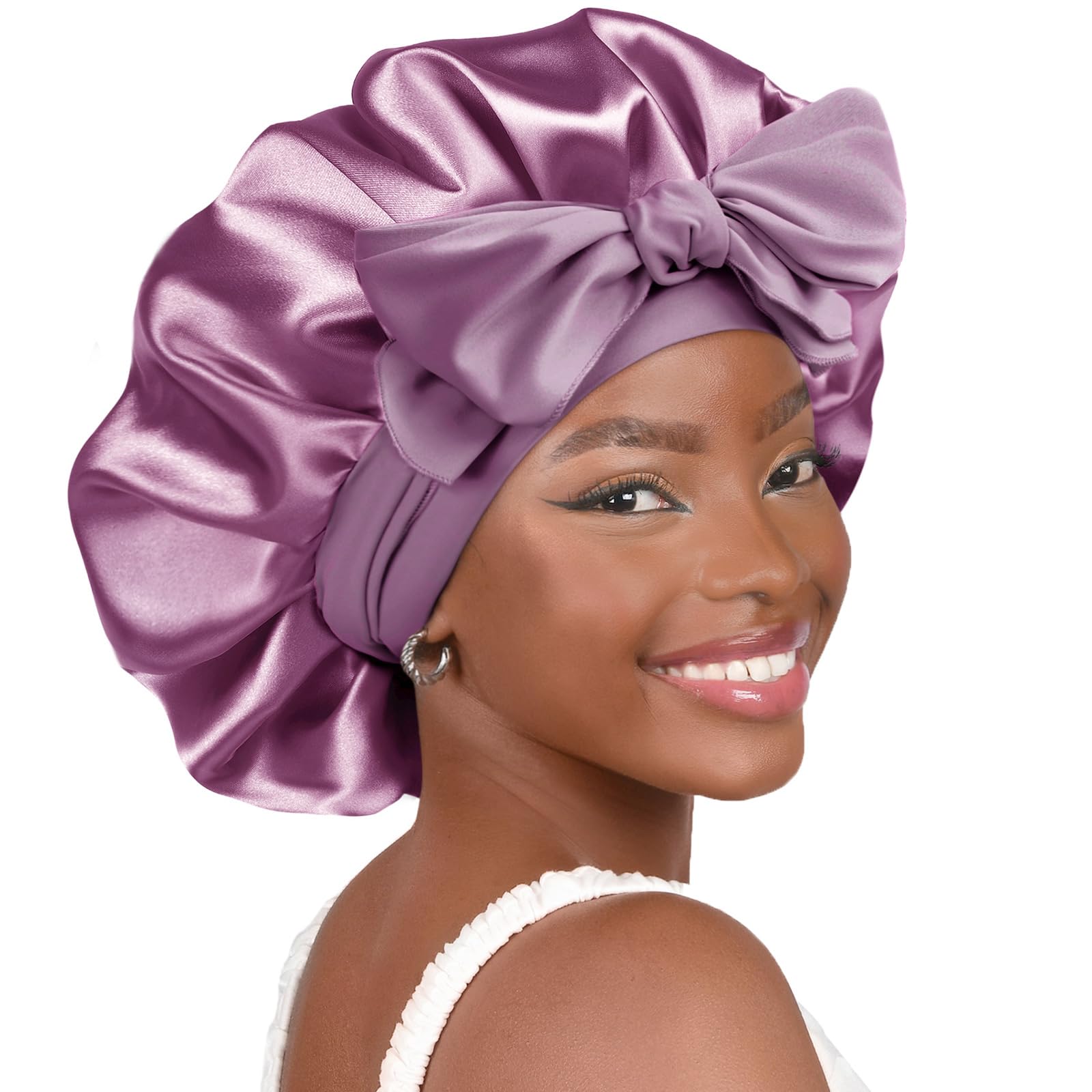 YANIBEST Silk Bonnet for Sleeping Women Satin Bonnet Double Layer Satin Lined Hair Bonnet with Tie Band Curly Hair Blush Pink