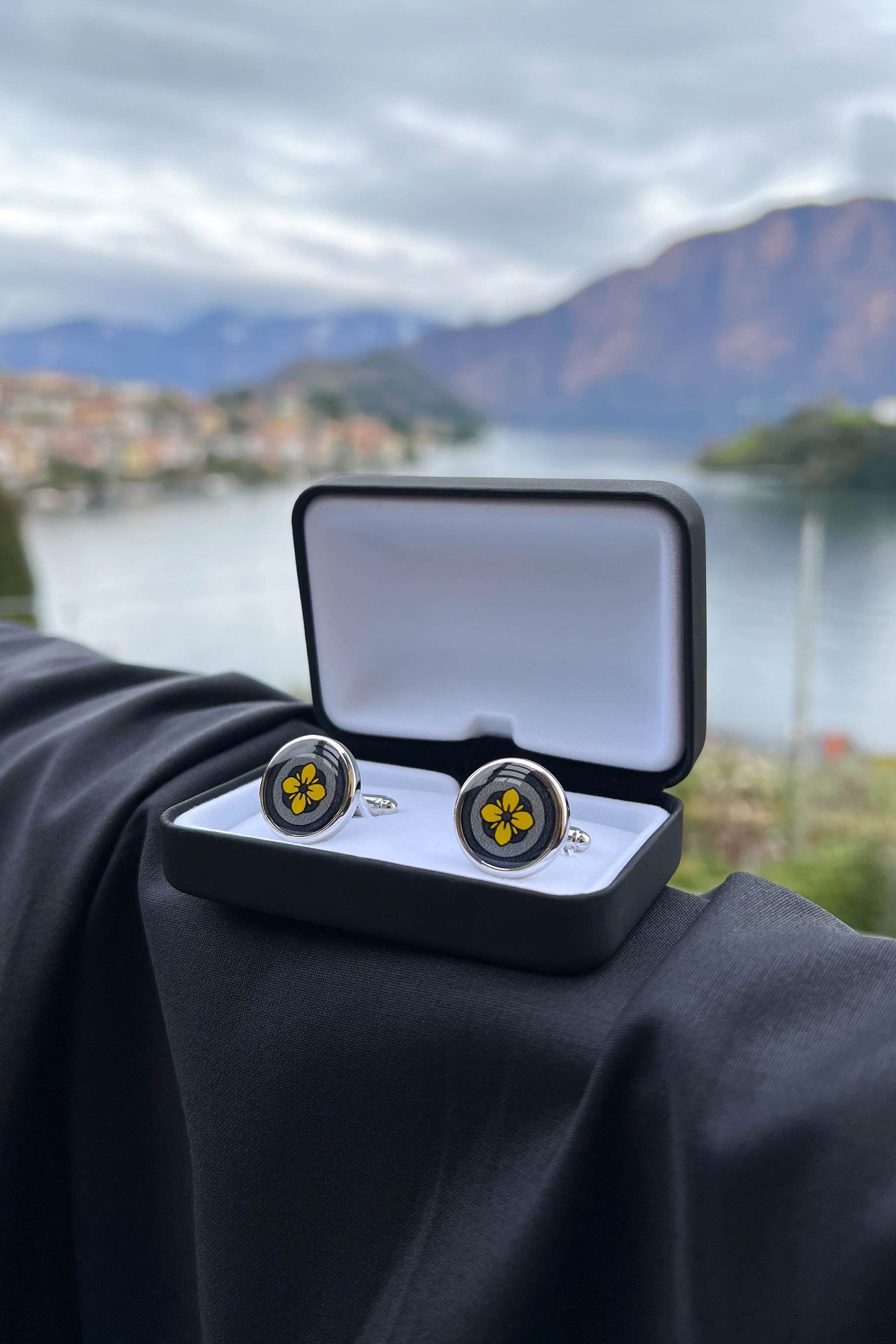 Lemon Yellow Floral Print Handmade Italian Cufflinks with Clear Resin