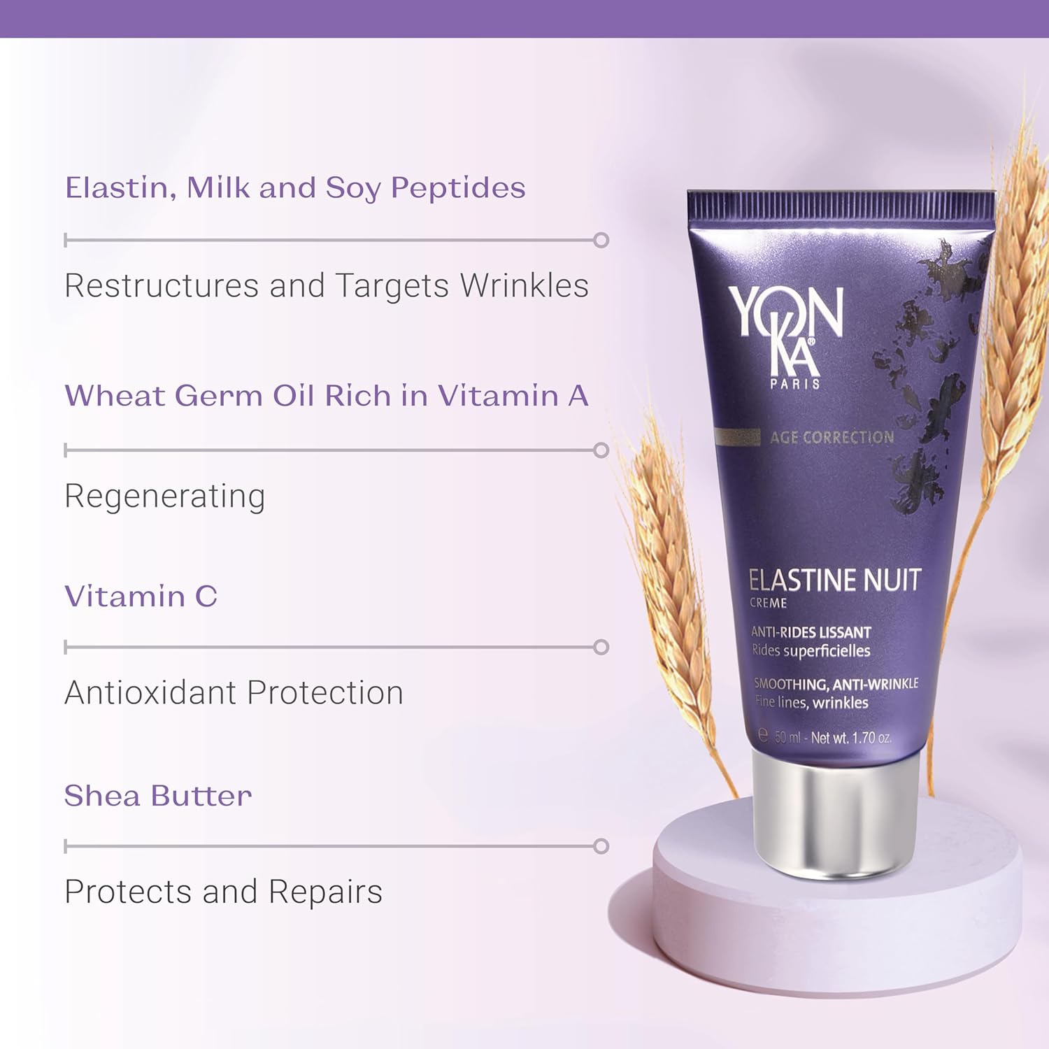 Yonka Elastine Nuit Anti-Wrinkle Night Cream (50ml) Anti Aging Facial Moisturizer and Eye Cream, Soften Fine Lines and Wrinkles with Vitamin C and Elastin Peptides, Paraben-Free