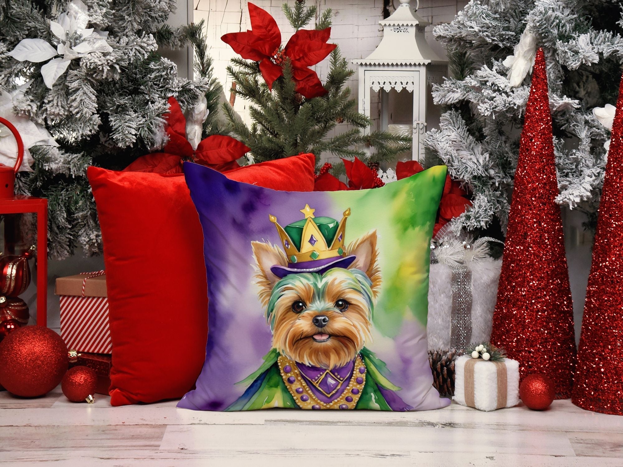 Yorkshire Terrier King of Mardi Gras Throw Pillow Machine Washable, Indoor Outdoor Decorative Pillow for Couch, Bed or Patio, 18Hx18W