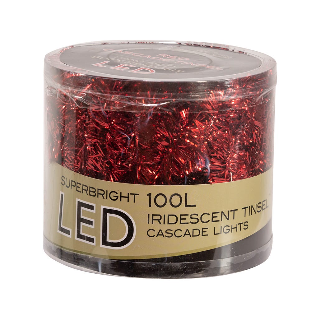 100-Light Red Iridescent Tinsel With Red Superbright LED Cascade Light